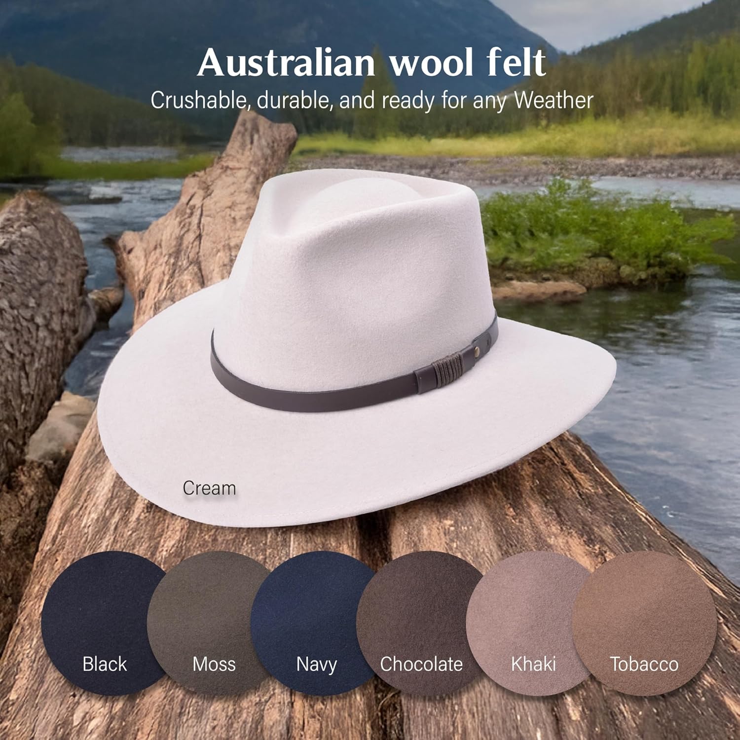 100% Wool Felt Australian Hat for Women Men Crushable Waterproof Nubuck Leather Band | Outback Cowboy Cowgirl - Image 6