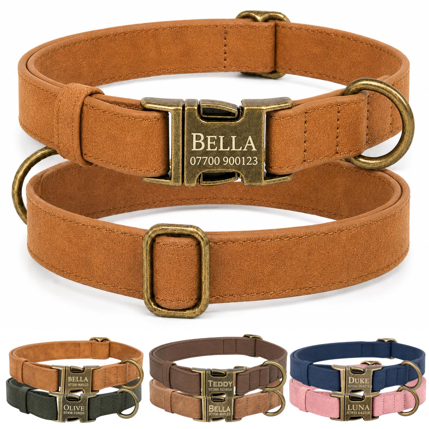 Personalised Leather Dog Collar with Name and Phone Number, Soft PU Leather Custom Dog Collar with Engraved Metal Buckle in UK, Vintage Adjustable Collar for Small Medium Large Dogs