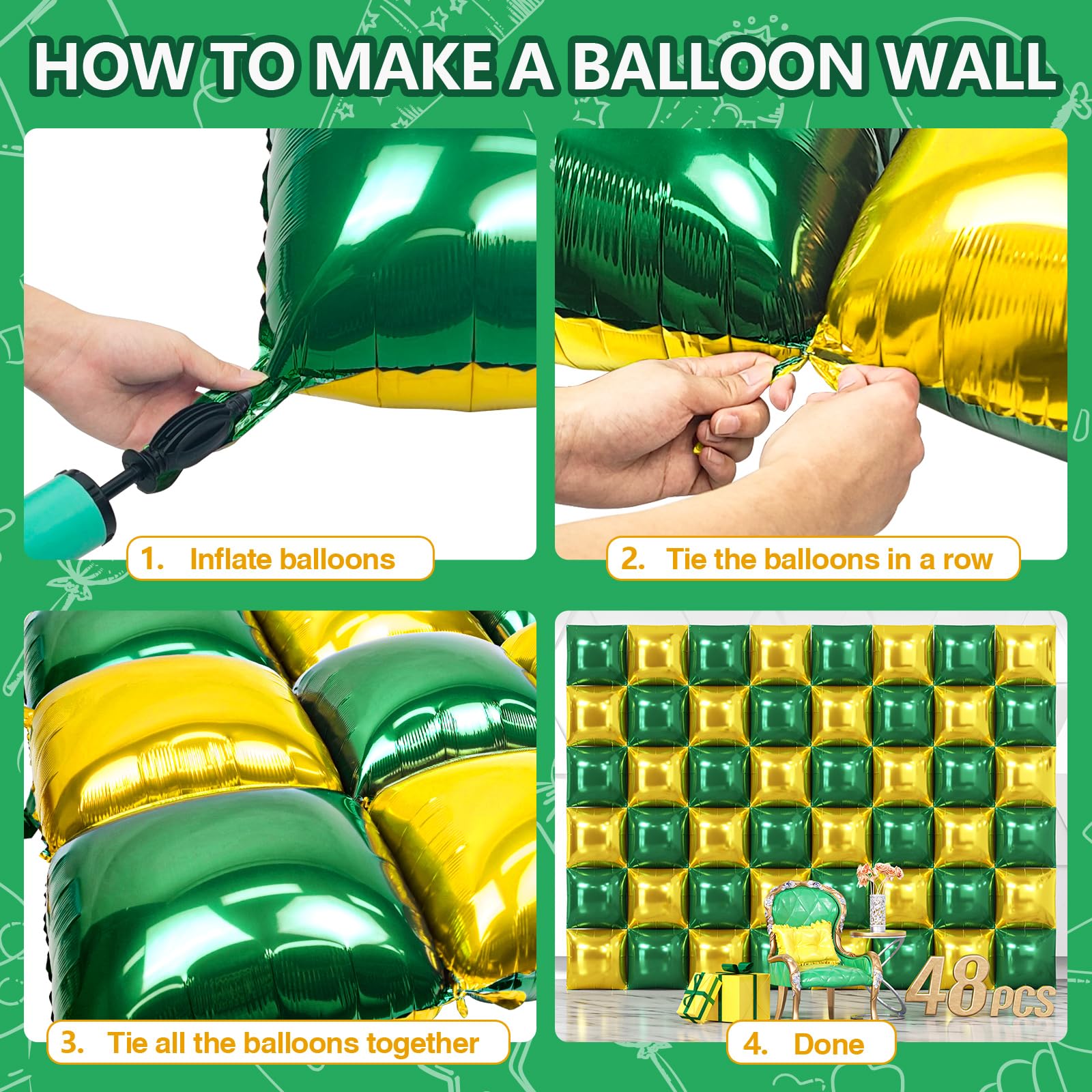 NISOCY 48 palloncini natalizi quadrati in lamina verde oro sfondo da parete doppio lato verde scuro oro palloncini arco kit per compleanno, Capodanno, laurea, festa di San Patrizio, decorazioni per