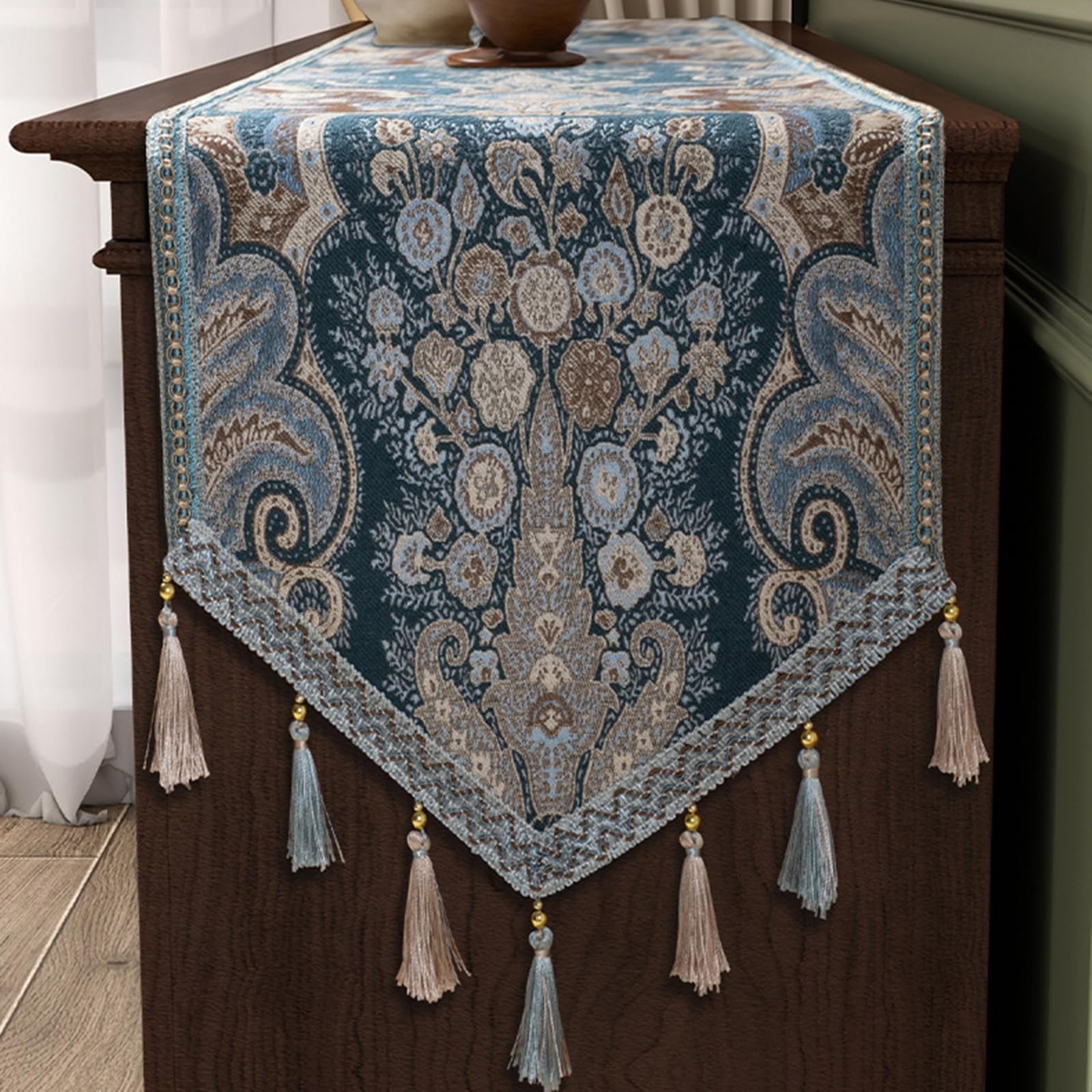Tischläufer Polyester Wohnzimmer, Tischläufer Modern Deko 35x220 cm, Floral Bestickt mit Quasten Nordisch