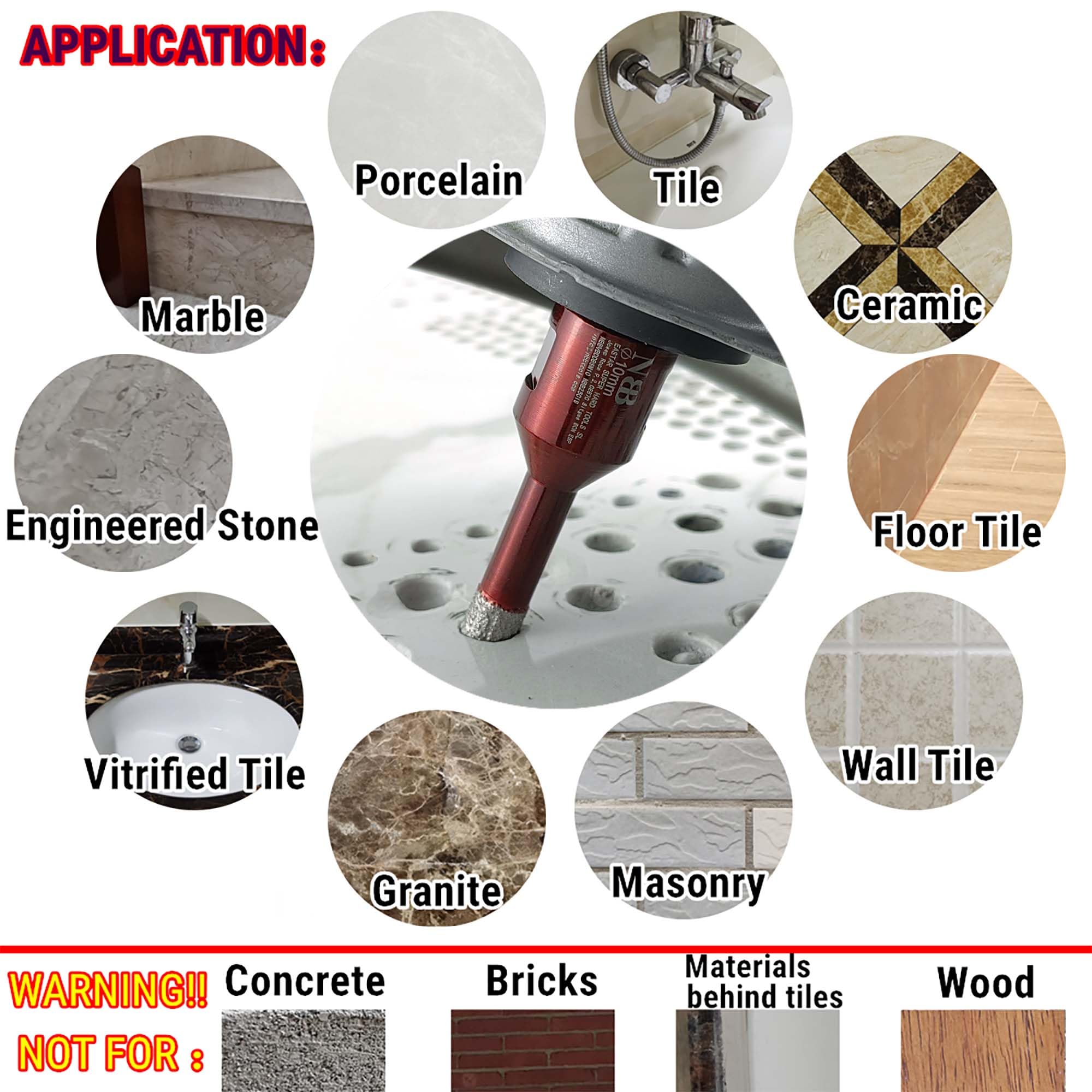NBB Diamentowe wiertło diamentowe z M14, diamentowa korona do wiercenia na sucho i na mokro w twardej porcelany ceramicznej płytki granitowe marmurowe płytki do szlifierki kątowej (5 szt., 6 mm)