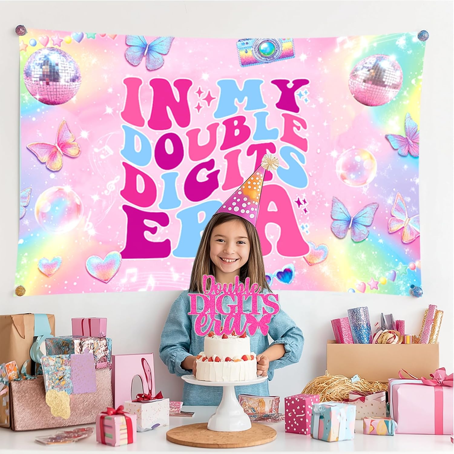 10th Birthday Decorations for Girl,10 Years Old Birthday Decorations, In My Double Digits Era Party Decor, I'm 10 Backdrop Tablecloth Cake Topper Balloons for Double Digits Girl Bday Party