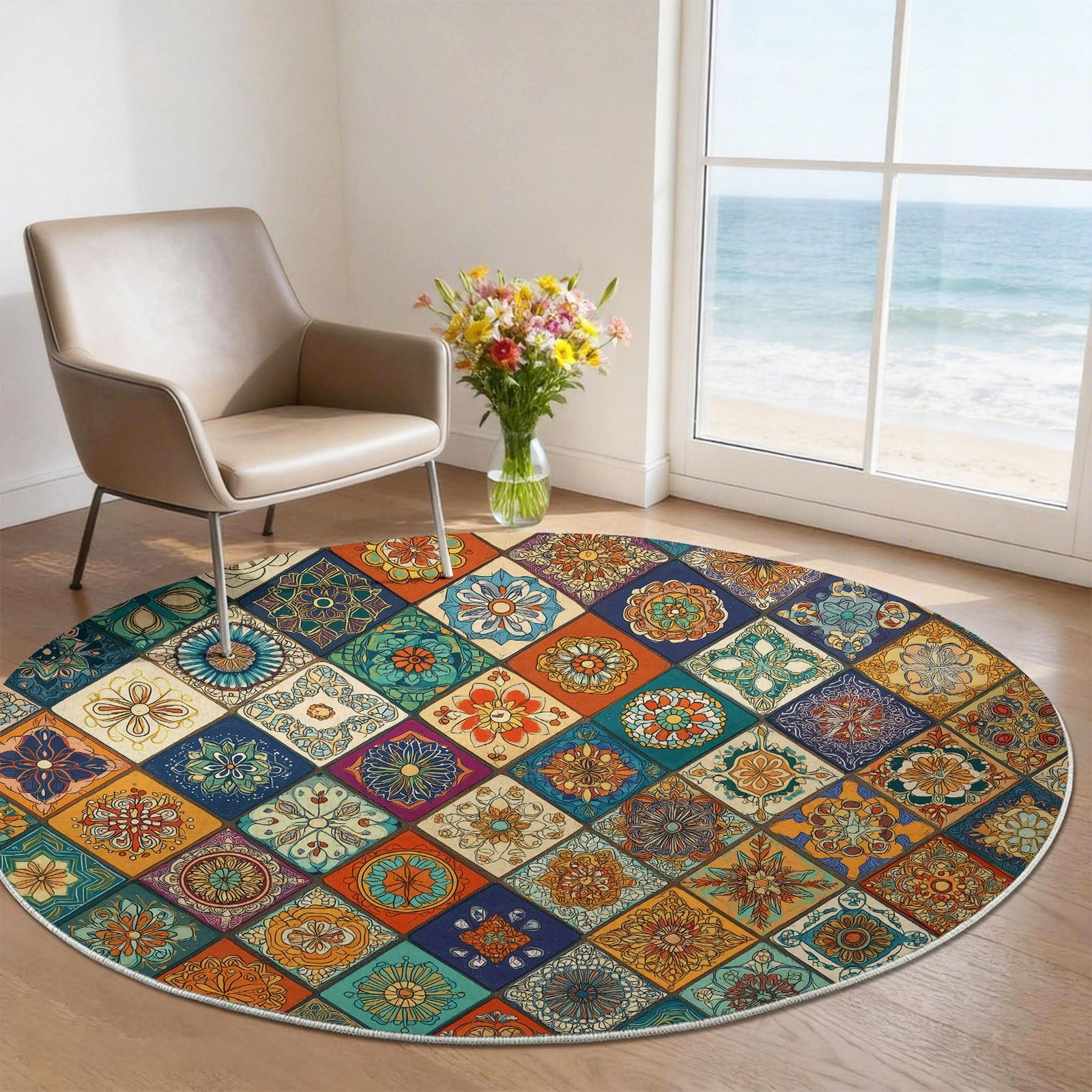 Tappeto rotondo lavabile, 160 cm, stile marocchino, geometrico, con piastrelle, fiori, mandala, rombi, per camera da letto, a pelo corto, antiscivolo, per sala da pranzo, cameretta dei bambini