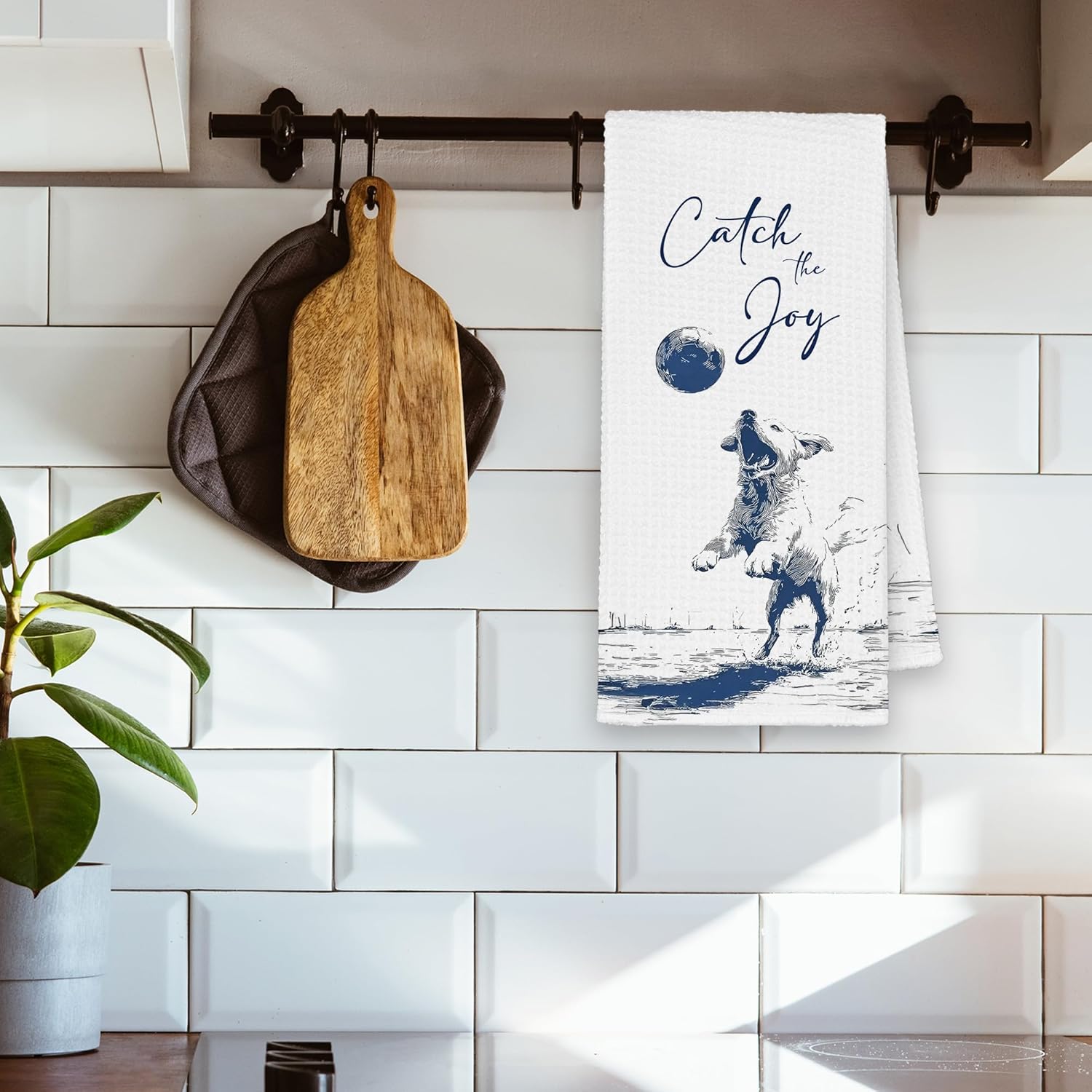 Funny Dog Kitchen Towels, Catch The Joy Ball Cute Hand Bathroom Towels Gifts for Dog Lovers, Blue Rustic Tea Dish Towel Decor for Cottage Dining Room 16x24in - Image 3