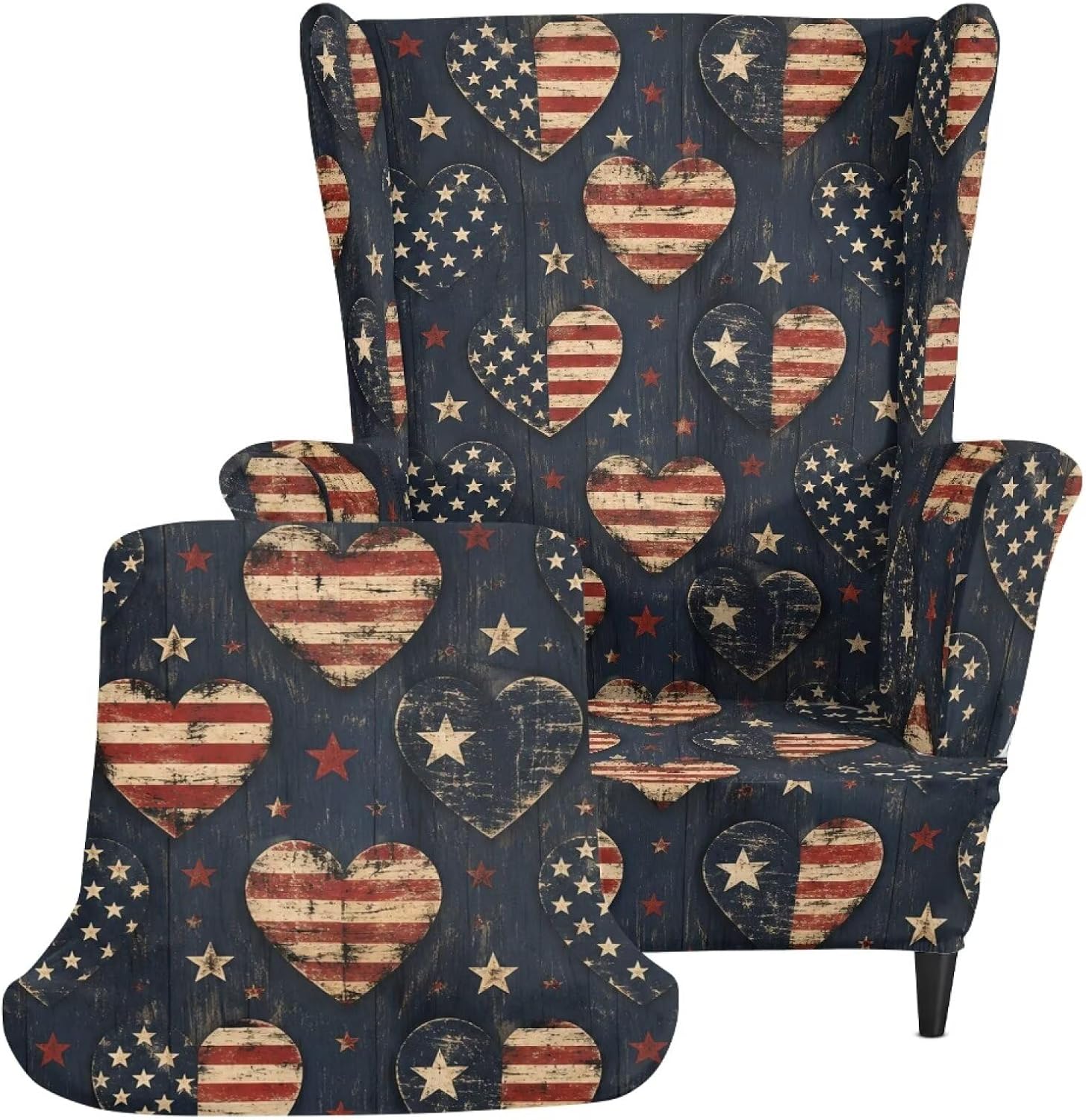 Grunge USA Flag Love Print Stretch Wing Back Chair Slipcover 2 Pcs Set Wingback Chair Sofa Cover with Elastic Bottom Spandex Fabric Furniture Protector Cover