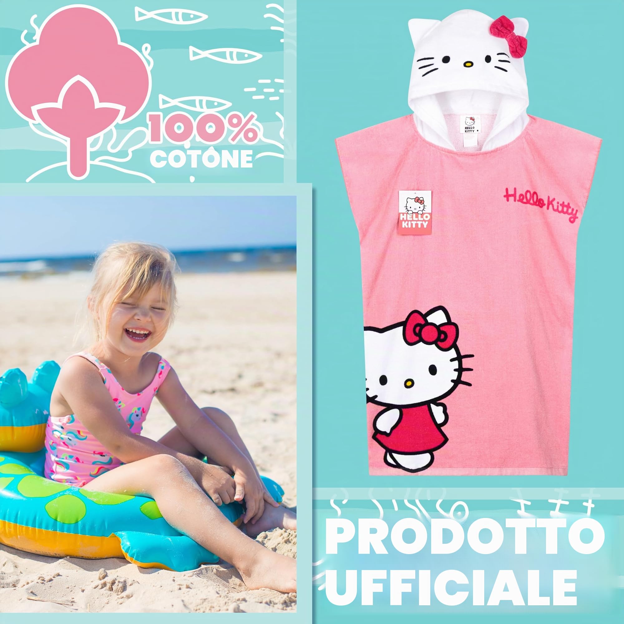 Hello Kitty Asciugamani Bagno con Cappuccio per Bambina Telo Mare Piscina Poncho Cinnamoroll Kuromi Assorbente Kawaii Asciugamano Cotone (Rosa Poncho Hello Kitty, 10-14 Anni)