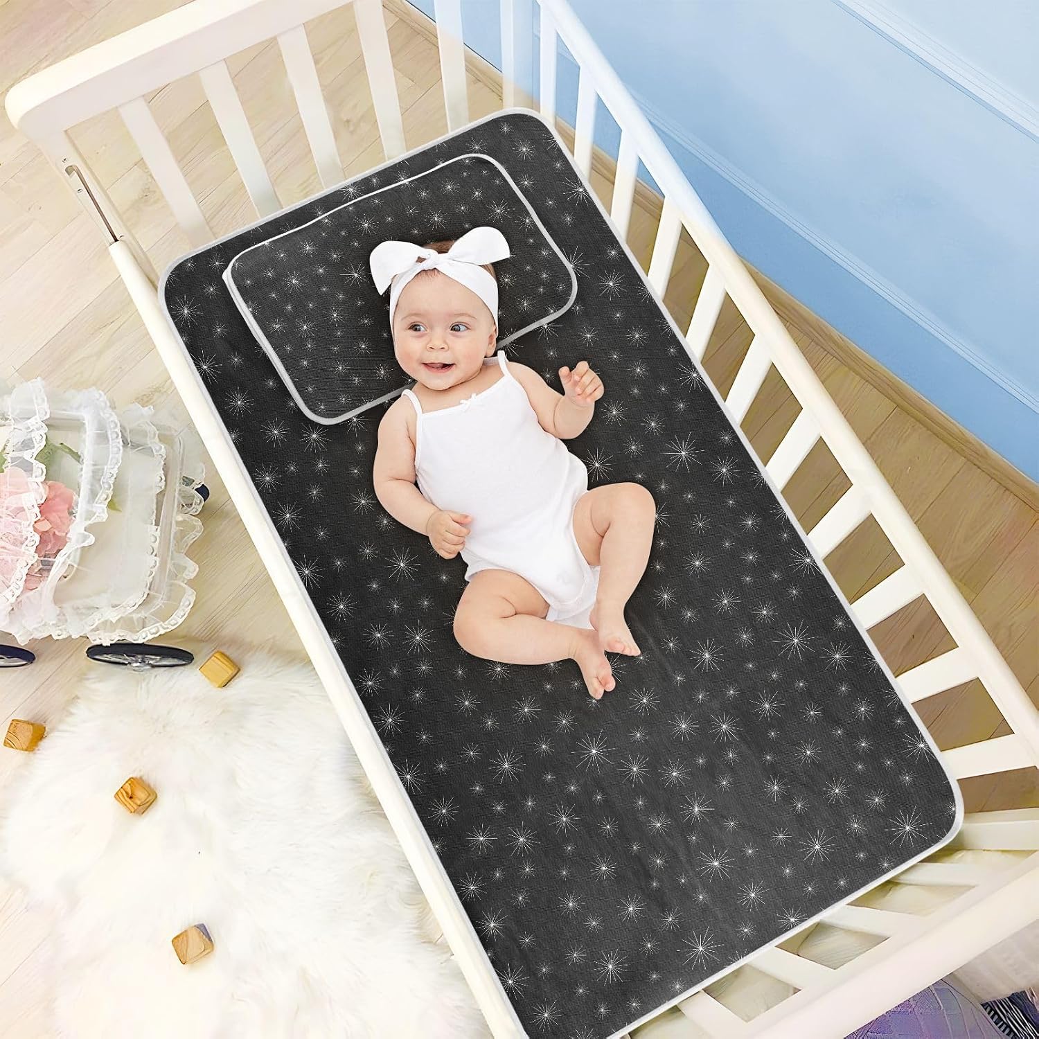 Baby Cooling Mat Black Flicker Texture Ice Silk Breathable Mesh Summer Crib Mattress Pad with Pillowcase, Soft Cooling Sleeping Surface for Infant & Toddler, 52"x28"