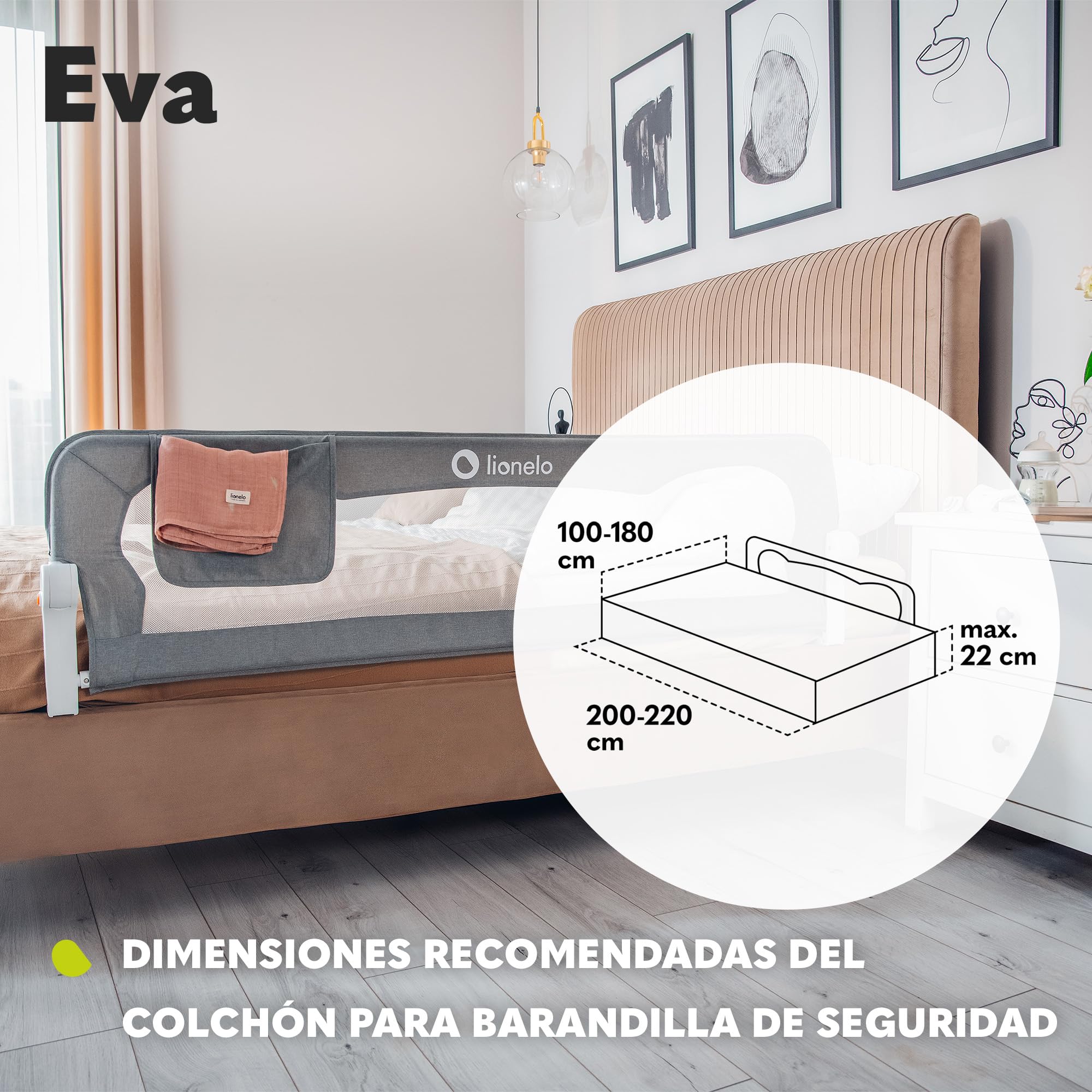 lionelo Eva Barrera para la Cama 150 x 42, Barandilla de Cama Portátil, Cinturones, de Seguridad Bloqueo, Compacta, Malla Transpirable, Plegado 180 Grados, Montaje Sencillo (Beige)