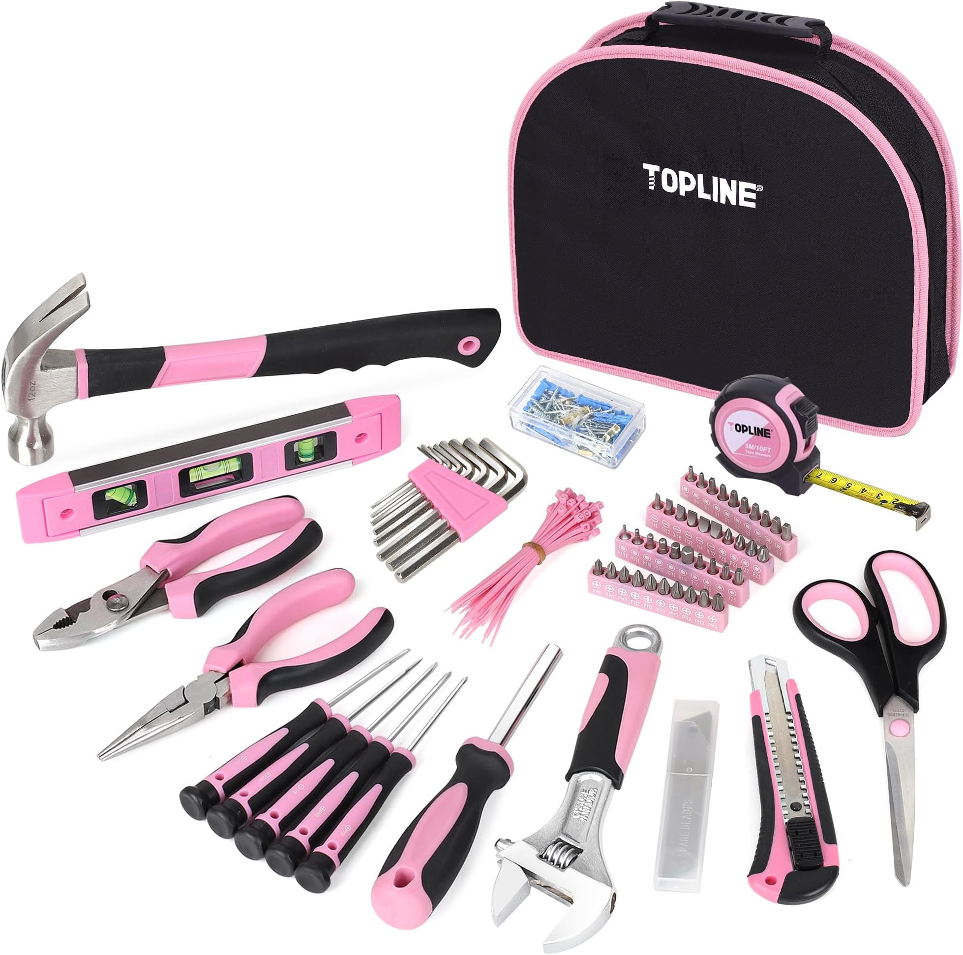 208-Piece Pink Tool Kits for Women with Round Pouch, Small Tools Kit for Apartment, Home, Household Ladies Pink Tool Set for Best Gifts and Home Maintenance