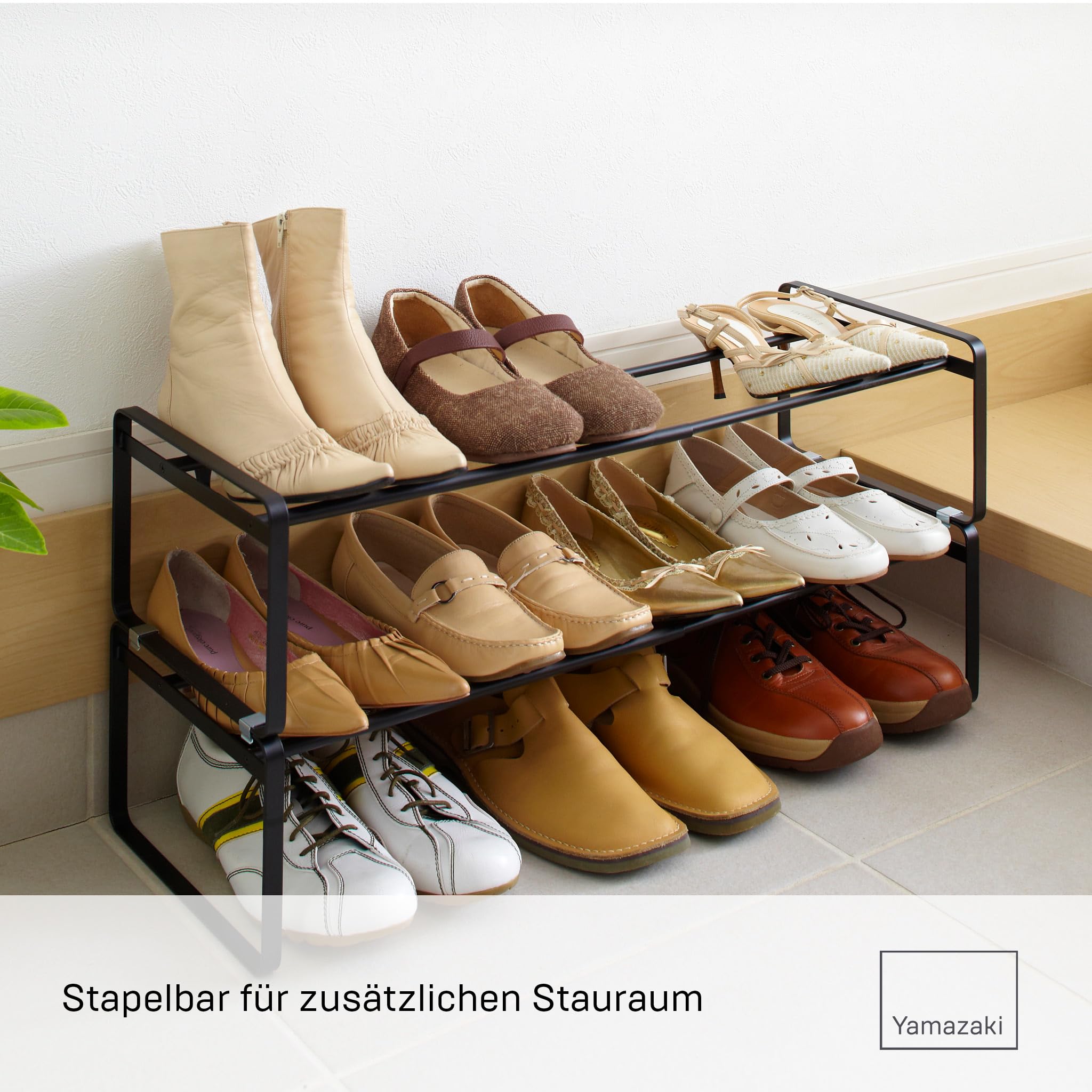 YAMAZAKI Frame Ausziehbares Schuhregal mit Streben, schwarz | Stahl, Inklusive Clips zum Stapeln, Einfacher Aufbau, Im Schrank nutzbar, 25 x 41-70 x 17,5 cm, Japanisches Design