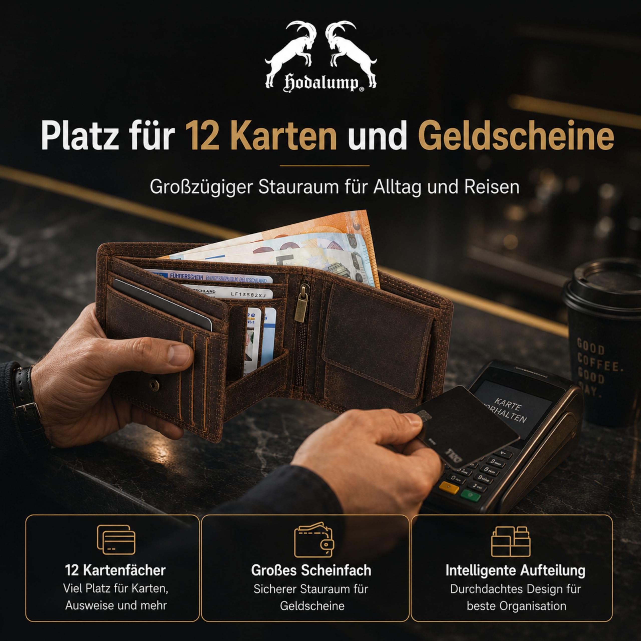 hodalump - Premium Echt-Leder Geldbörse mit RFID-Schutz & Münzfach - Geldbeutel für Damen & Herren - Portmonee aus Büffelleder - Klassische Männer Brieftasche - Ledergeldbörse aus Echtleder in Braun