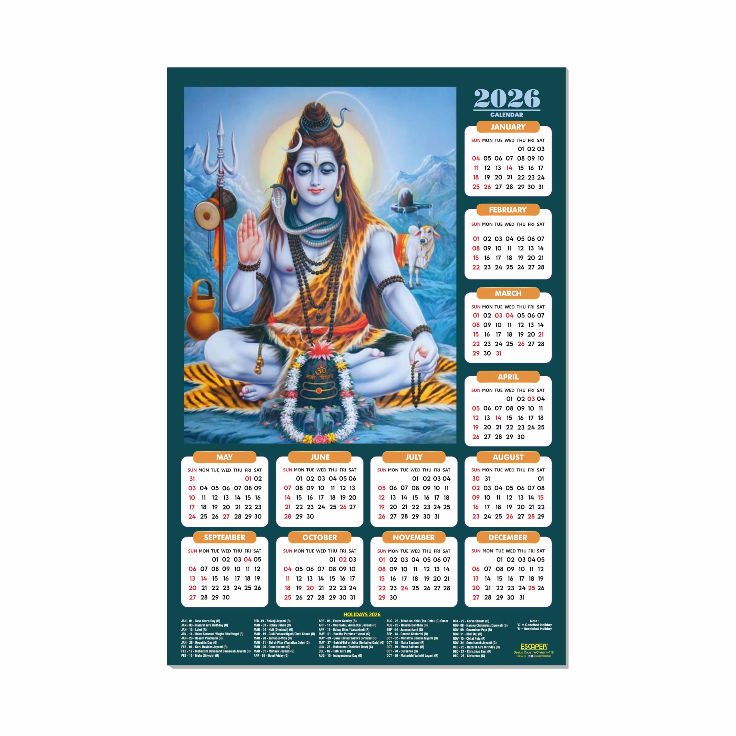 ESCAPER Lord Shiva Wall Calendar 2026 – 45 x 30 cm, Bholenath & Shivling Photos, Mahadev Wall Calendar, Shankar Ji & Shivji Religious Wall Decor-image-34