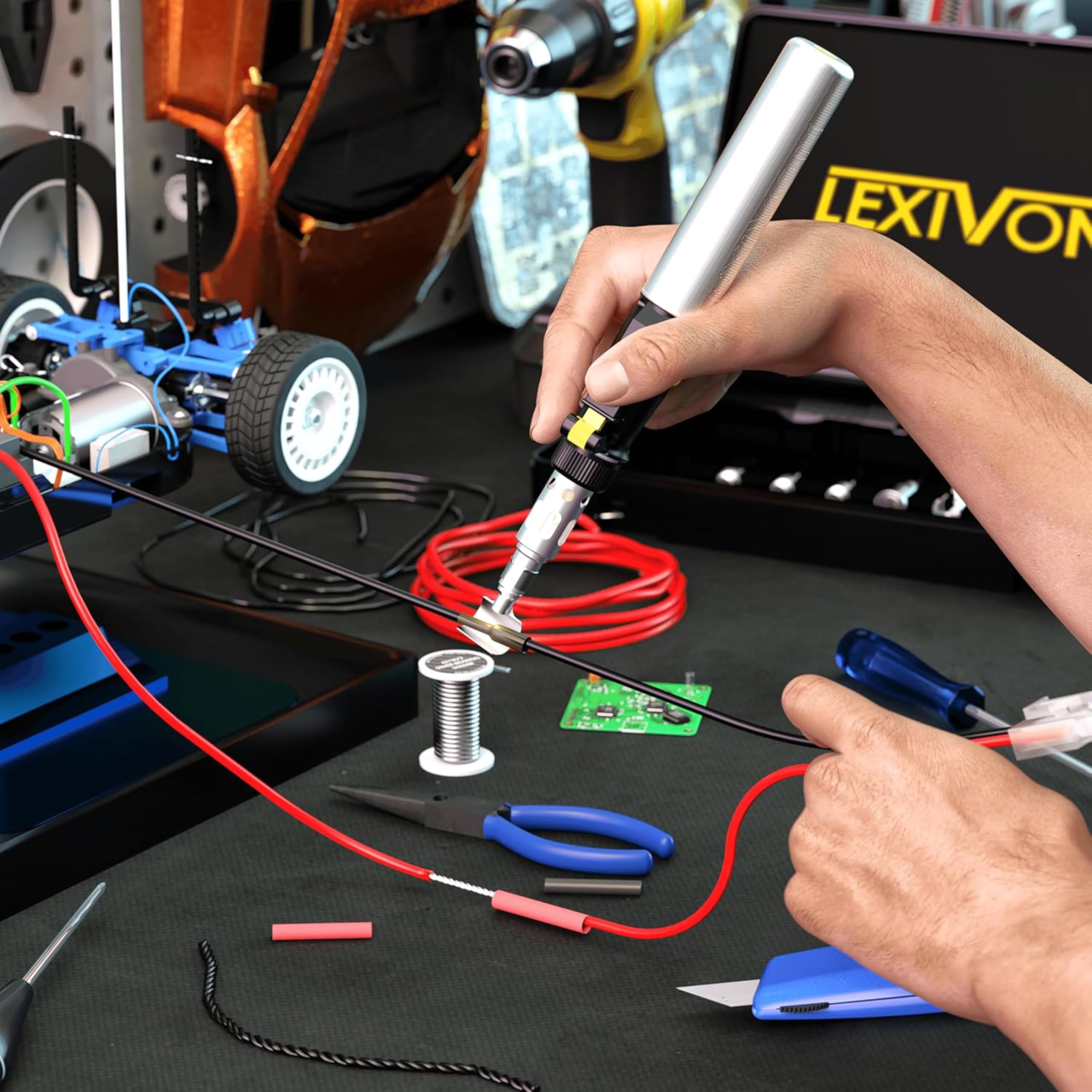 LEXIVON Saldatore a Butano Set di 7 Punte Senza Fili Autoaccensione Fiamma Regolabile Portatile LX-770