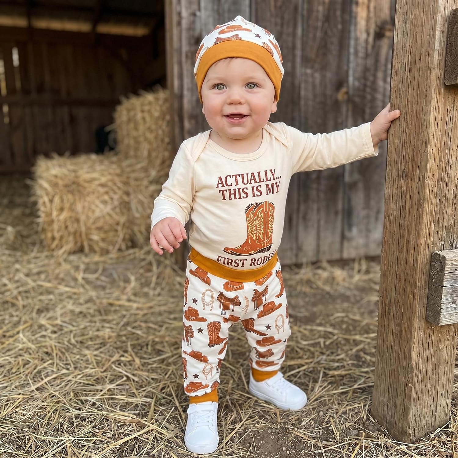KMBANGI My First Rodeo Baby Boy Clothes Newborn Cowboy Boots Long Sleeve Romper Pants Hat Set Infant Western Outfit Fall