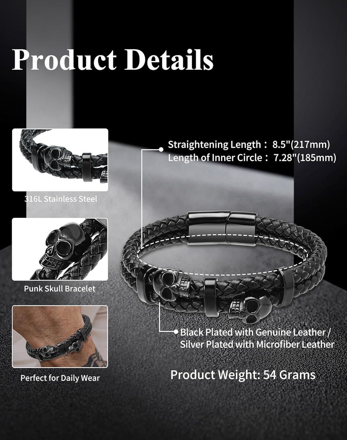 Stainless Steel Double Skull Bracelets - Mens Genuine Leather Punk Skeleton - Cuff Gothic Jewelry - Image 6