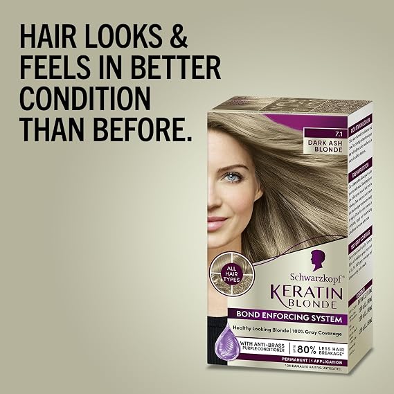 Schwarzkopf Keratin Blonde Hair Dye, 7.0 Dark Ash Blonde, Professional Quality Permanent Hair Color, Bond Enforcing System, Pre-Color Serum & Purple Conditioner Included