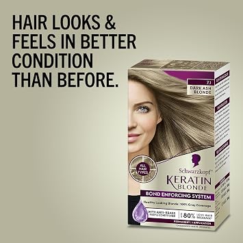 Schwarzkopf Keratin Blonde Hair Dye, 7.0 Dark Ash Blonde, Professional Quality Permanent Hair Color, Bond Enforcing System, Pre-Color Serum & Purple Conditioner Included
