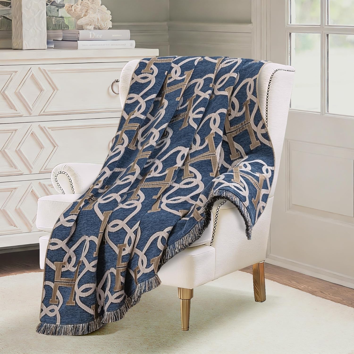 Modern Letter H Throw Blanket for Couch, Luxury Chain Pattern Jacquard Weighted Blanket with Fringe, Chenille Soft Cozy Blanket for Sofa Bed Chair Living Room Chic Home Decor(52”x 72”, Blue)