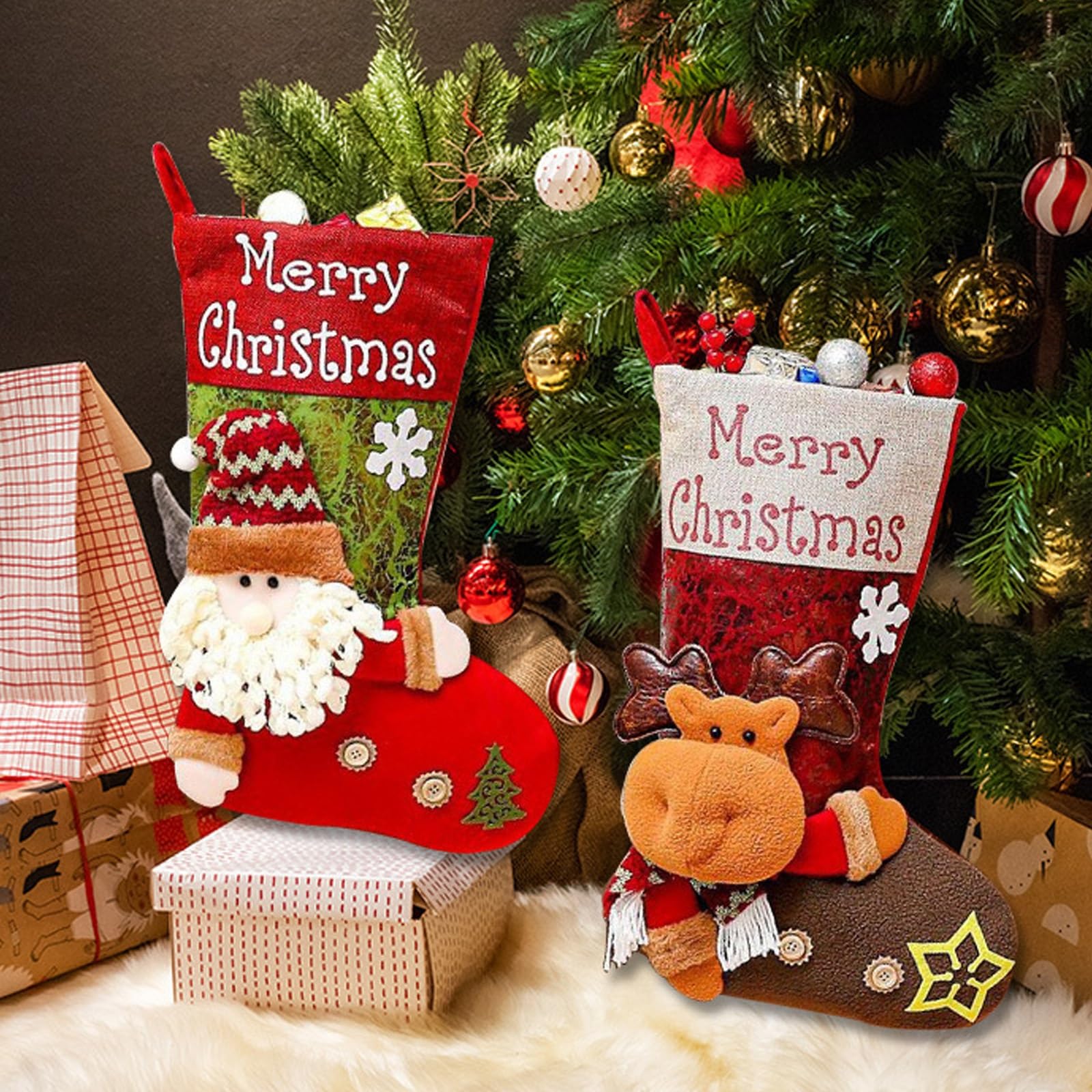 Weihnachtsstrumpf, Weihnachtsbaum Geschenktüte Bonbontasche, Nikolausstiefel Zum Befüllen, Nikolausstiefel Socken, Nikolaussocke Weihnachtsdekoration für Kamin, Weihnachtsbaum, Treppe(3PCS)