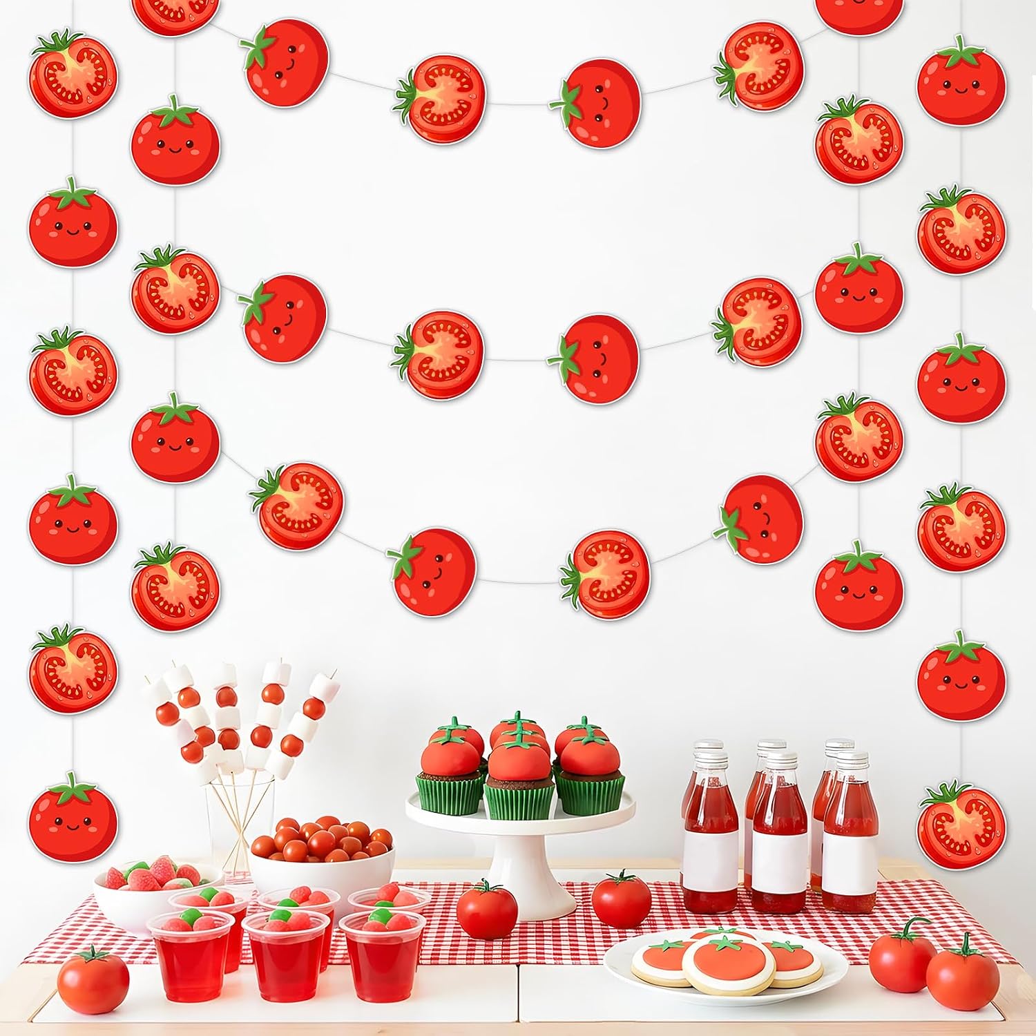 Tomato Theme Hanging Garland Streamers, 8-Piece 47-Inch Pre-Strung Red Tomato Decorations for Farm Fresh Birthday Baby Shower Wedding Bachelorette Gender Reveal Party Decor