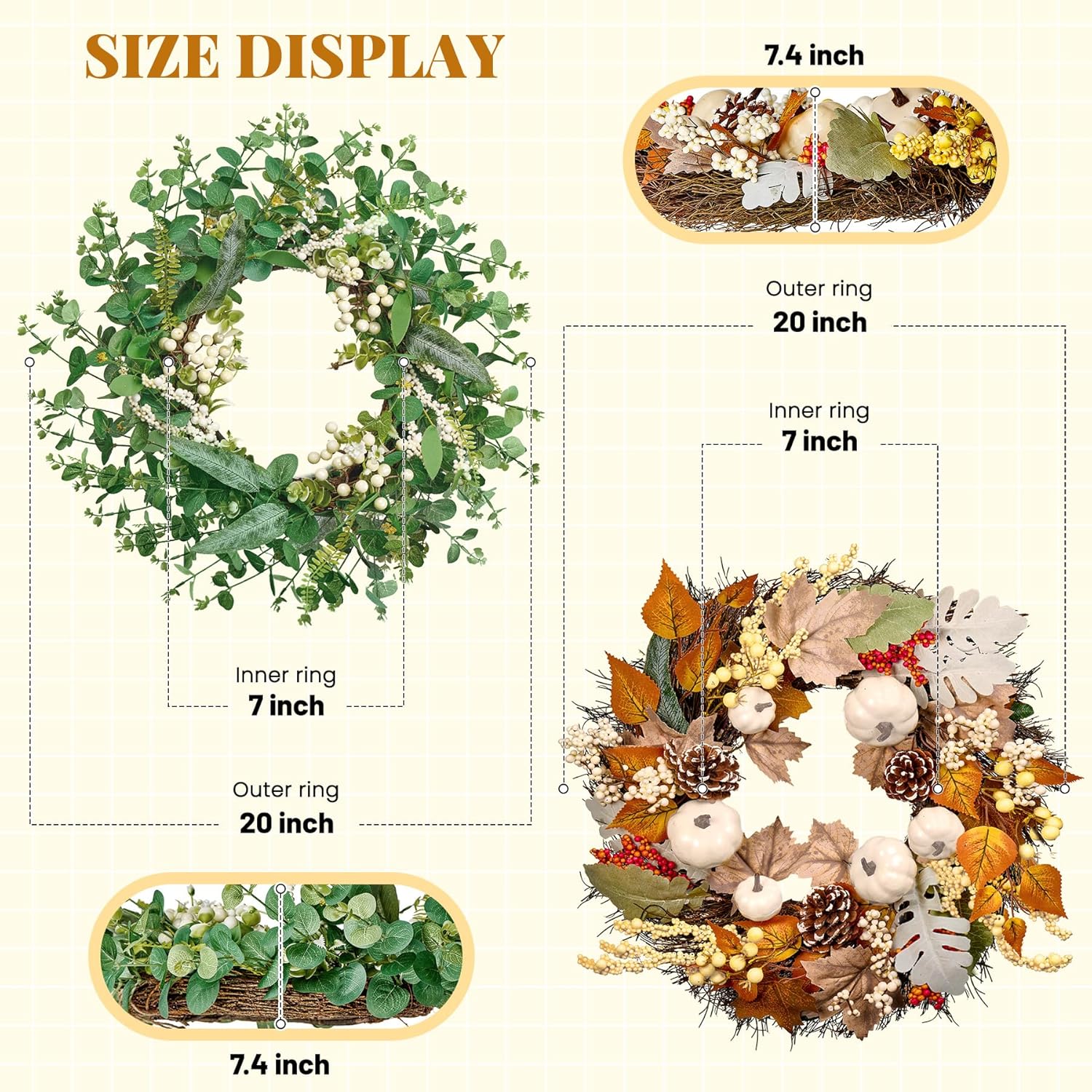2PACK Wreaths for Front Door Porch Fall Wreath with Pumpkin Berries and Spring Eucalyptus Wreath for Indoor Outdoor Decor for Autumn Harvest Thanksgiving Holiday Celebrations