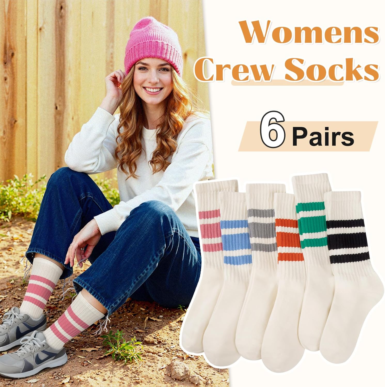 Crew Socks for Women Striped Retro Calf Colorful Cotton Slouch Scrunch Socks - Image 5