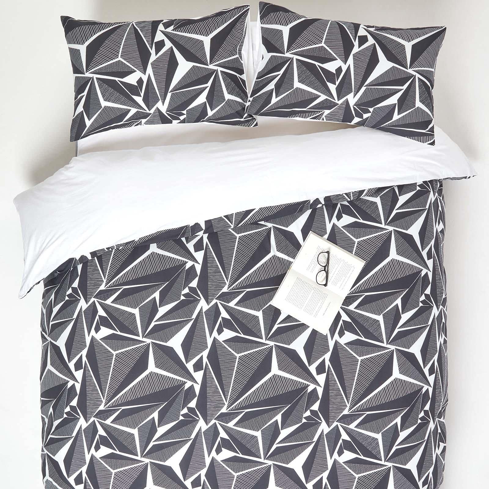 Parure de lit percale de coton HOMESCAPES housse de couette haut de gamme noire et blanche
