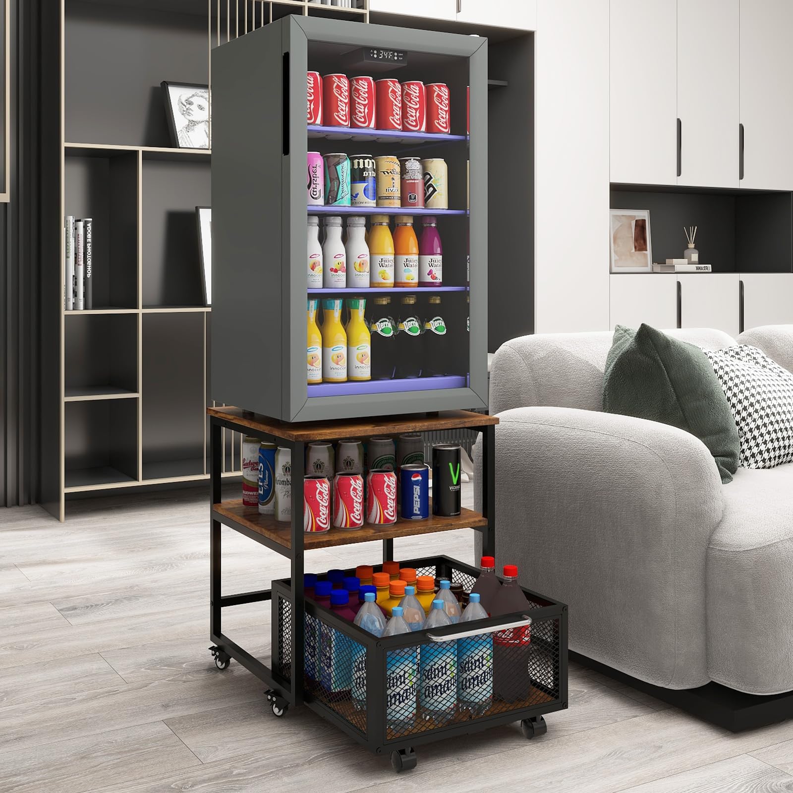 Mini soporte para refrigerador de 19.7 x 19.7 pulgadas con almacenamiento y ruedas, mini refrigerador resistente con mesa de estante ajustable, soporte para refrigerador para cafetería 7