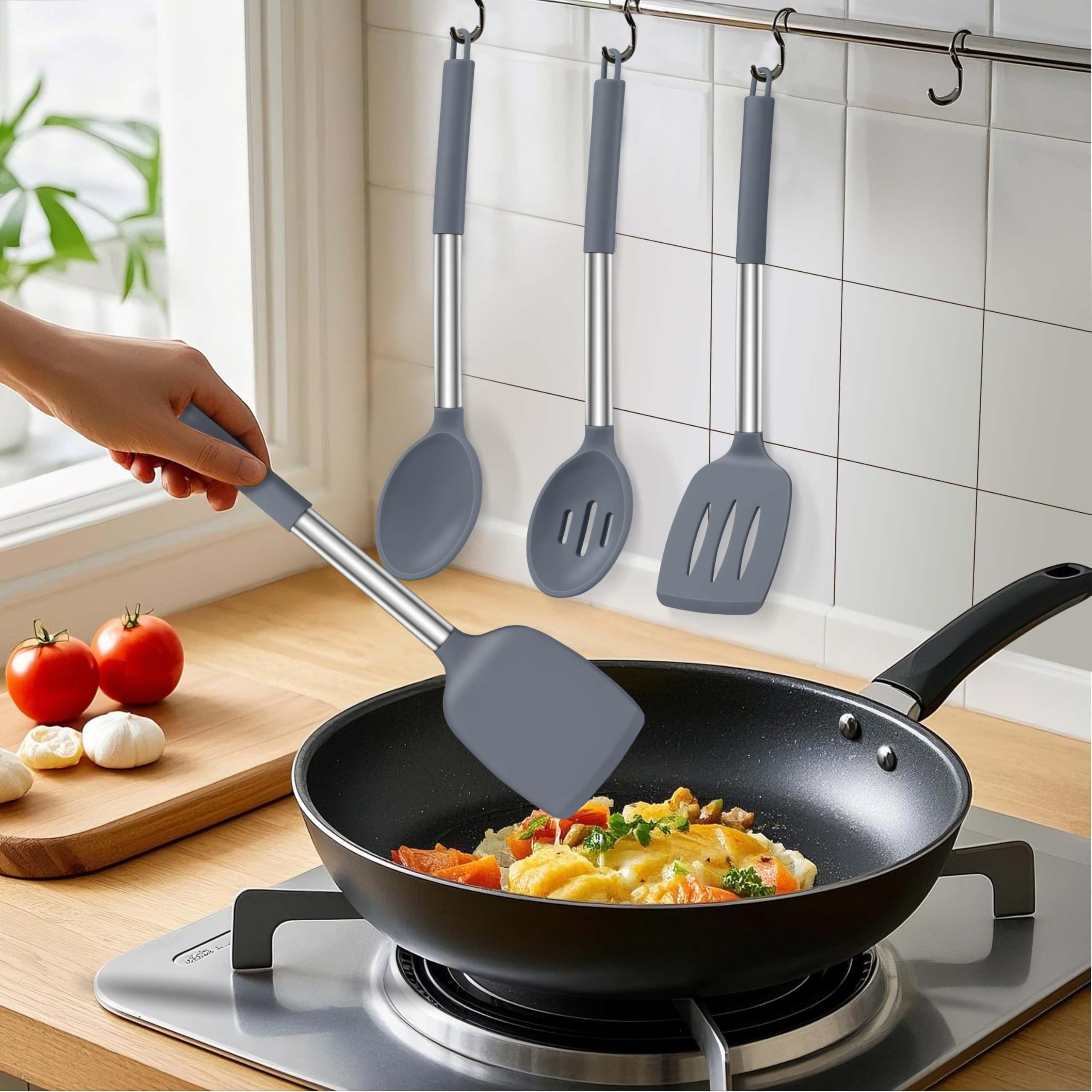 LIANYU Juego de utensilios de cocina de silicona, 6 piezas, resistentes al calor, mango de acero inoxidable antiadherente, herramientas de espátula, apto para lavavajillas, color gris
