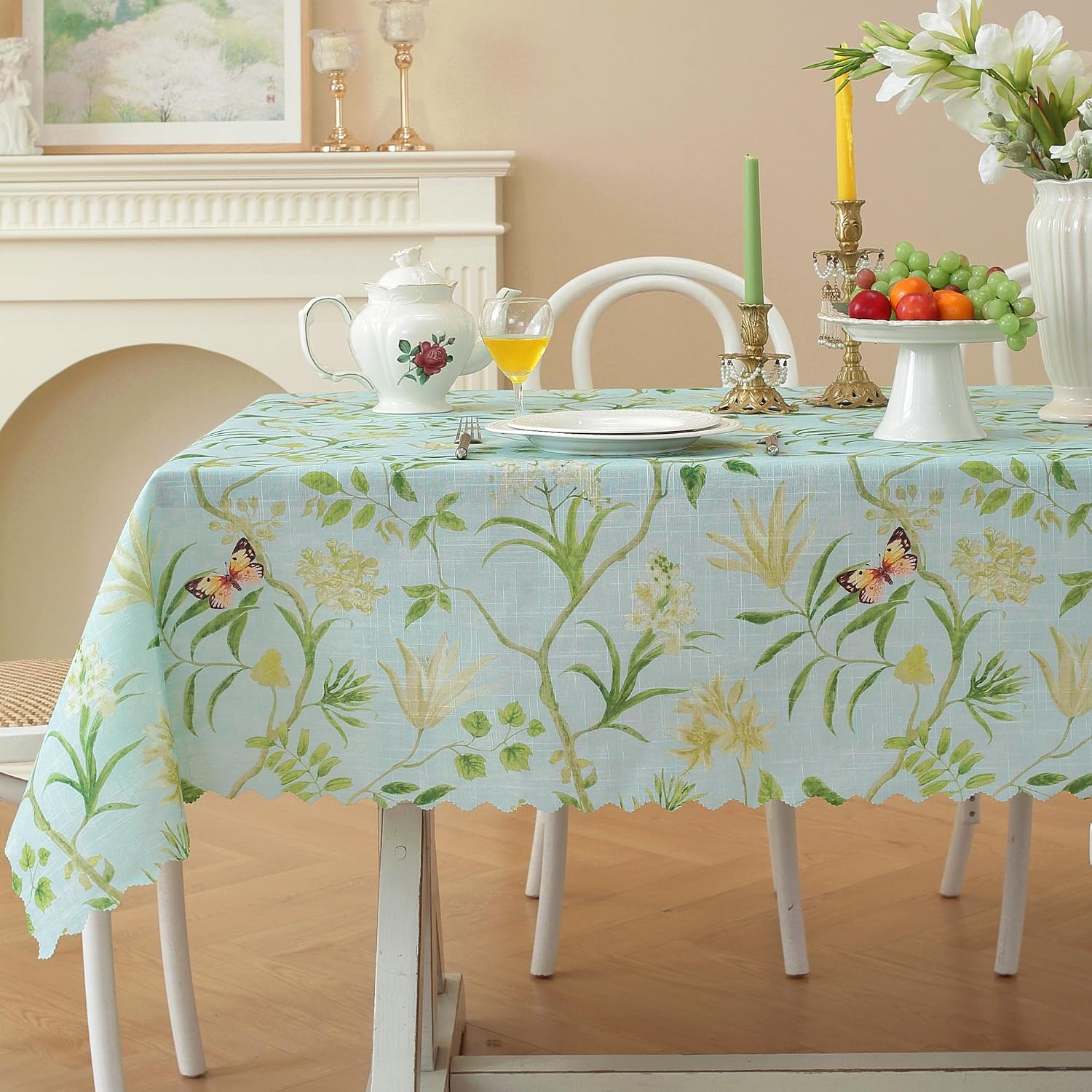Rectangle Waterproof Tablecloth Linen Textured Table Cloth,Stain and Wrinkle Resistant Washable Fabric Table Cover for Dining, Party, Camping and Outdoor, 60 x 104 Inch, Green Leaves