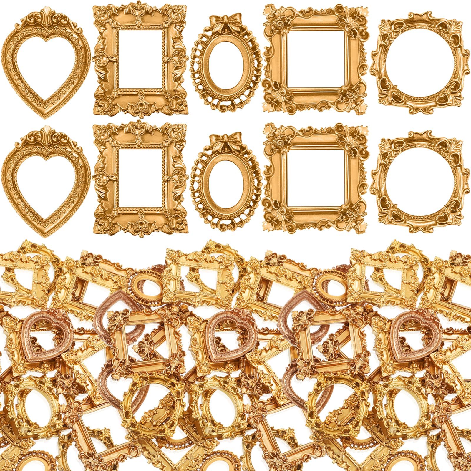 Vicenpal 200 Pcs Vintage Mini Picture Frames Baroque Antique Small Resin Jewelry Display Table Frame for Christmas DIY Photo Holiday Party Decoration (Gold)