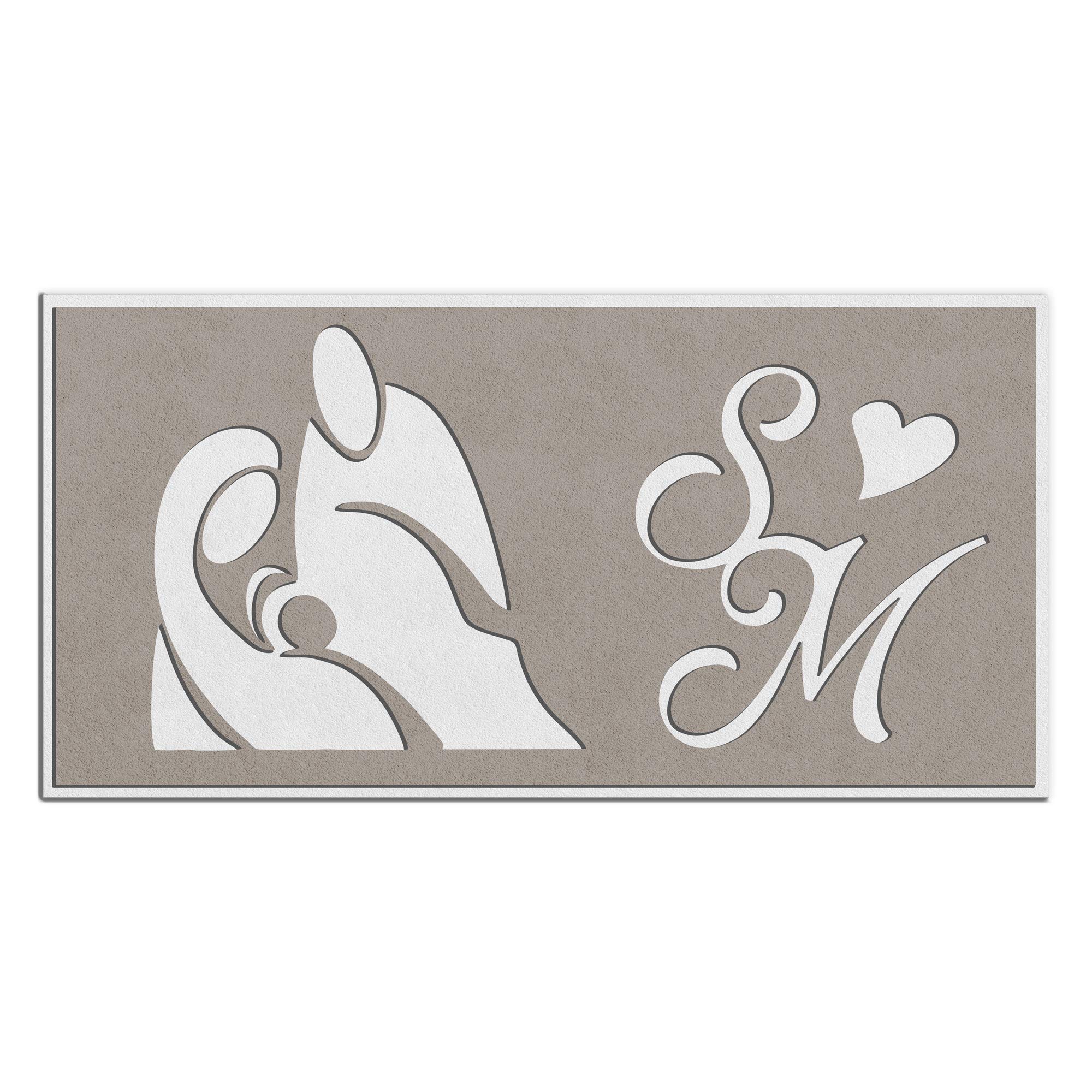 Quadro Moderno - Sacra Famiglia - Camera da Letto Capoletto Soggiorno - Personalizzato con Iniziali in Legno MADE IN ITALY Artigianale - 50 x 30 cm - Colori Bianco opaco e Tortora