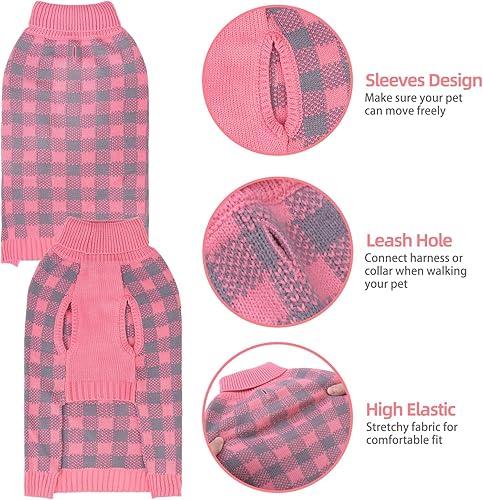 Miniatura 3 de PUPTECK Suéter a cuadros para perro, mascotas, gatos, otoño, invierno, ropa cálida para perros pequeños, medianos y grandes, rosa, SM