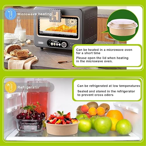 Miniatura 4 de Paquete de 50 cuencos redondos desechables de papel kraft de 17 onzas, recipientes desechables para alimentos con tapas para ensalada dietética,