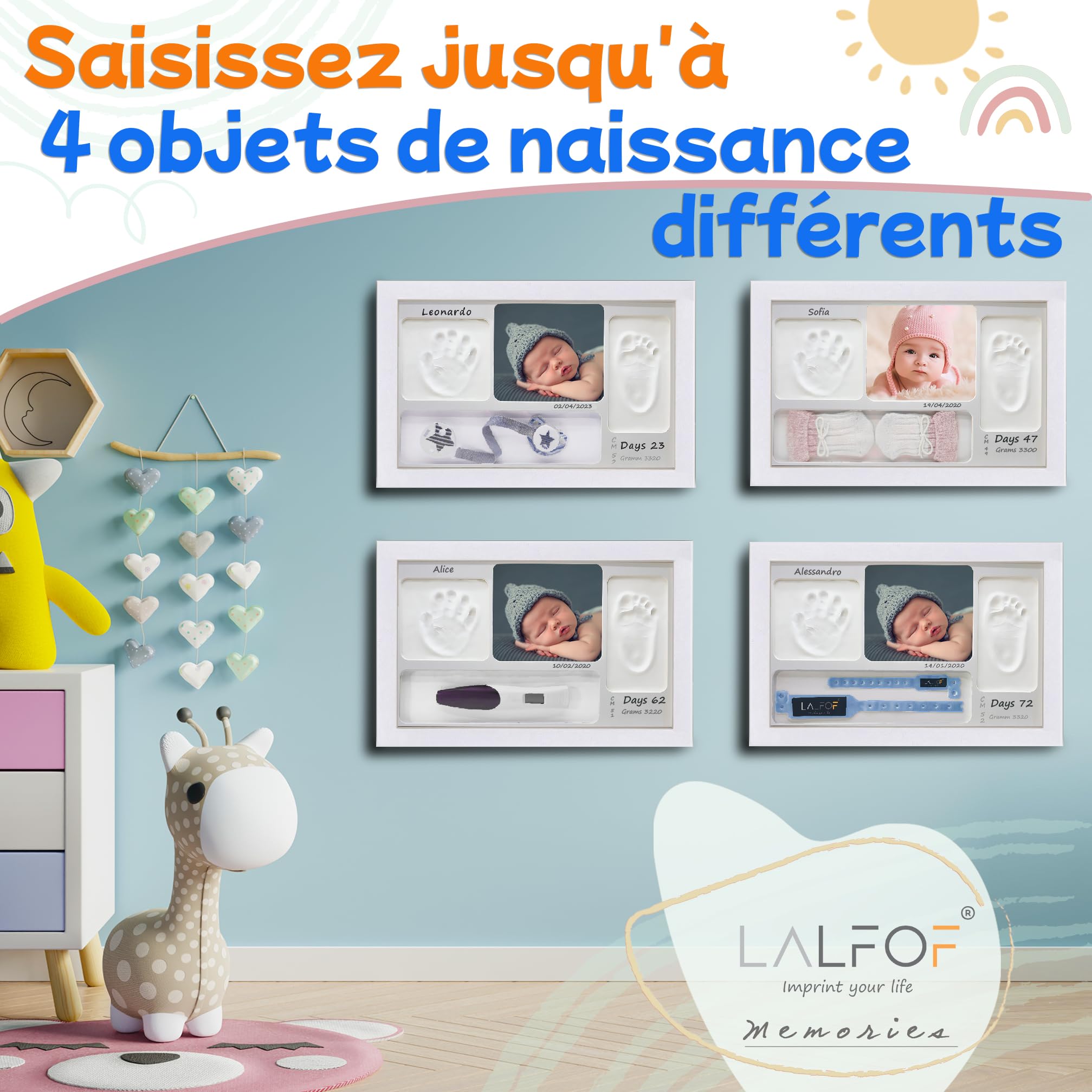 Lalfof® Cadre Empreinte Main Pied Bebe Personnalisable Avec NOM. Kit empreinte bebe. Idéal Comme Cadeau naissance garcon,Cadeau bebe naissance,Cadre empreinte bébé avec porte-bracelet de naissance