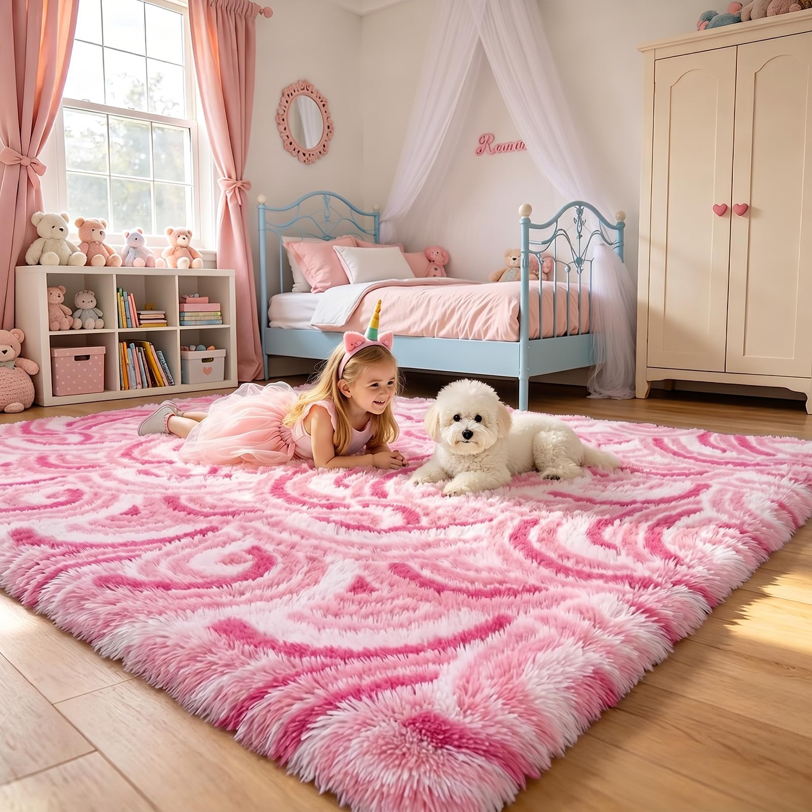 Tapis salon poil long rose 200x290 cm grand modèle shaggy Enyhom
