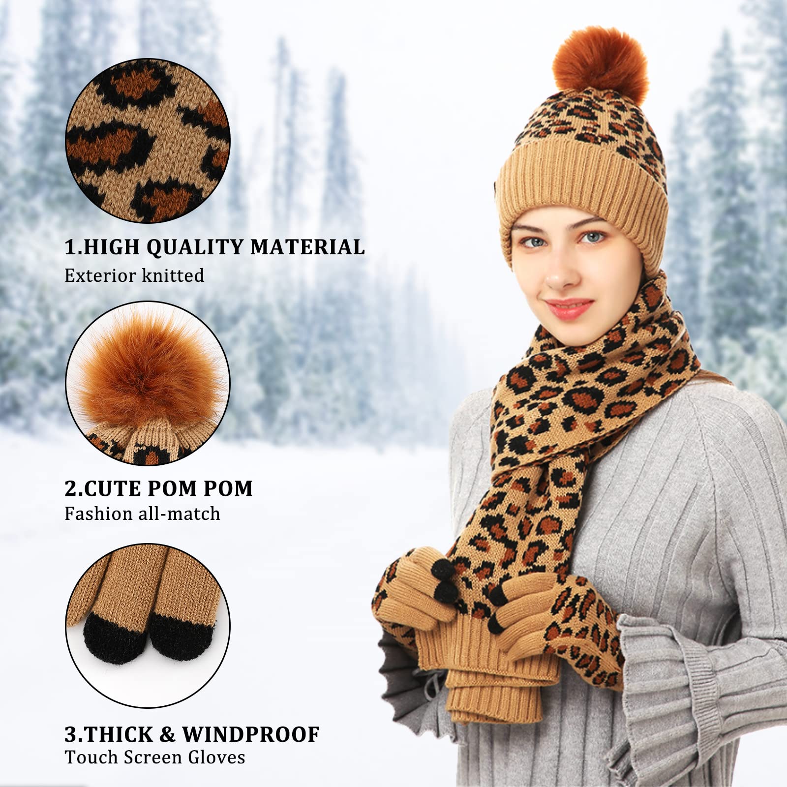 JINDUN Czapka szalik zestaw rękawiczek dla kobiet, zimowy ciepły gruby szalik dzianinowy czapka beanie i rękawiczki zimowe do ekranu dotykowego zestaw dla mężczyzn i kobiet