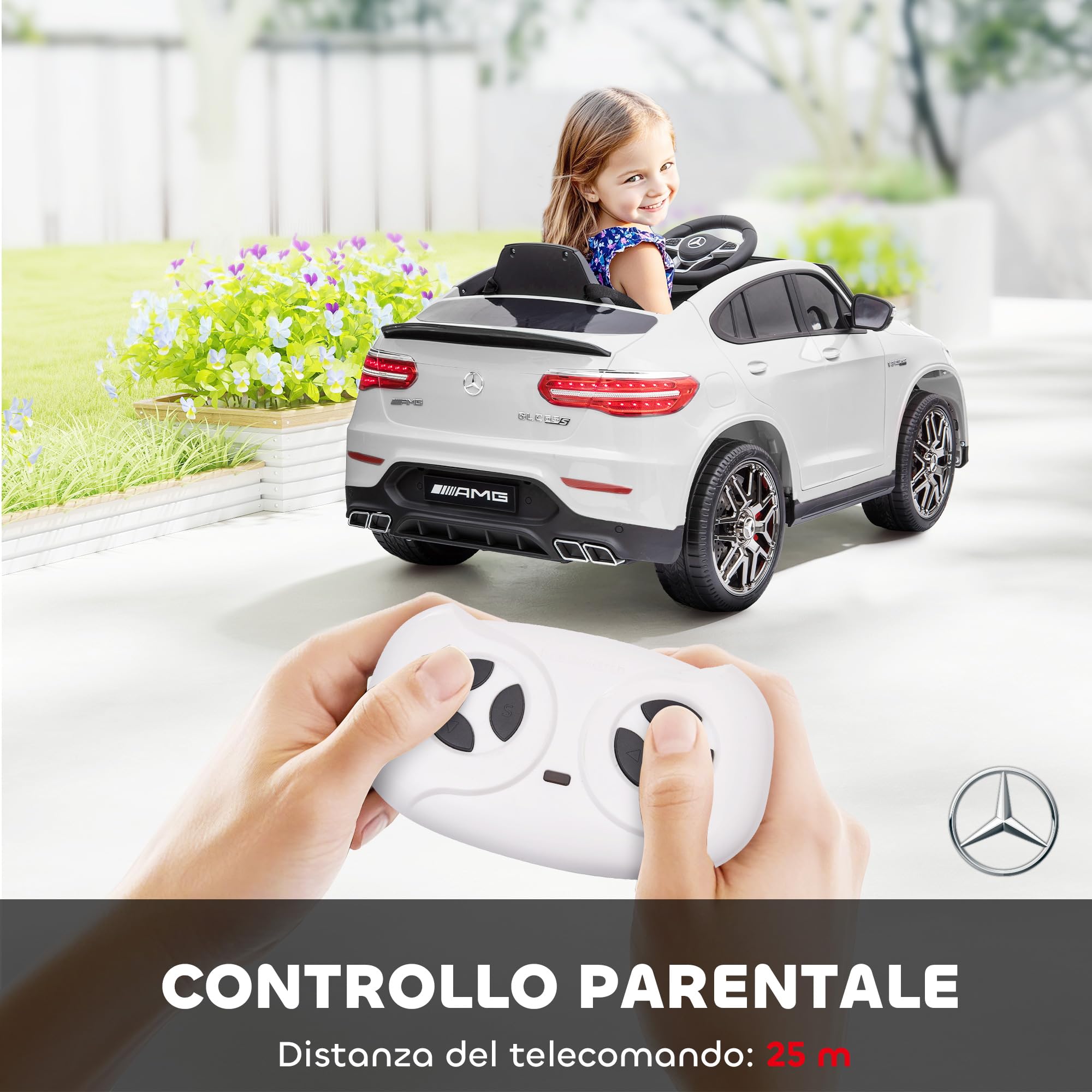 HOMCOM Macchina Elettrica per Bambini 12V Mercedes-Benz AMG GLC63S COUPE, Auto Elettrica per Bambini 3-5 Anni, Velocità 3-5km/h, con Cintura di Sicurezza, Telecomando e USB per Musica MP3, Bianco