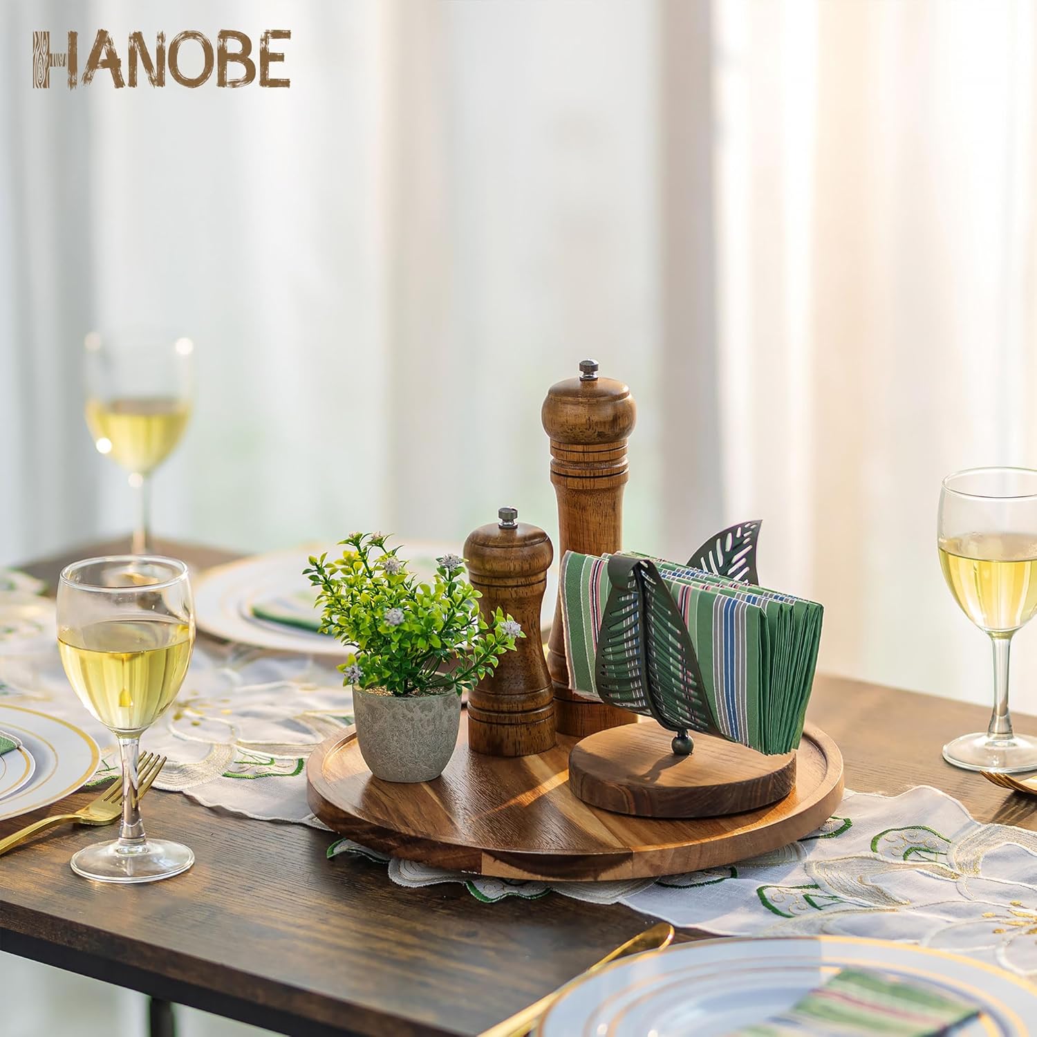 Hanobe Wood Tray Lazy Susan: Round Acacia Wooden Turntable Decorative Coffee Table Trays for Kitchen Counter Centerpiece Organizer Decor for Cabinet