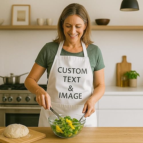 Vista 2 de LeWall Delantal personalizado – Logotipo de nombre personalizado para cocinar hornear y manualidades Cuello ajustable, bolsillos delanteros, Rosa