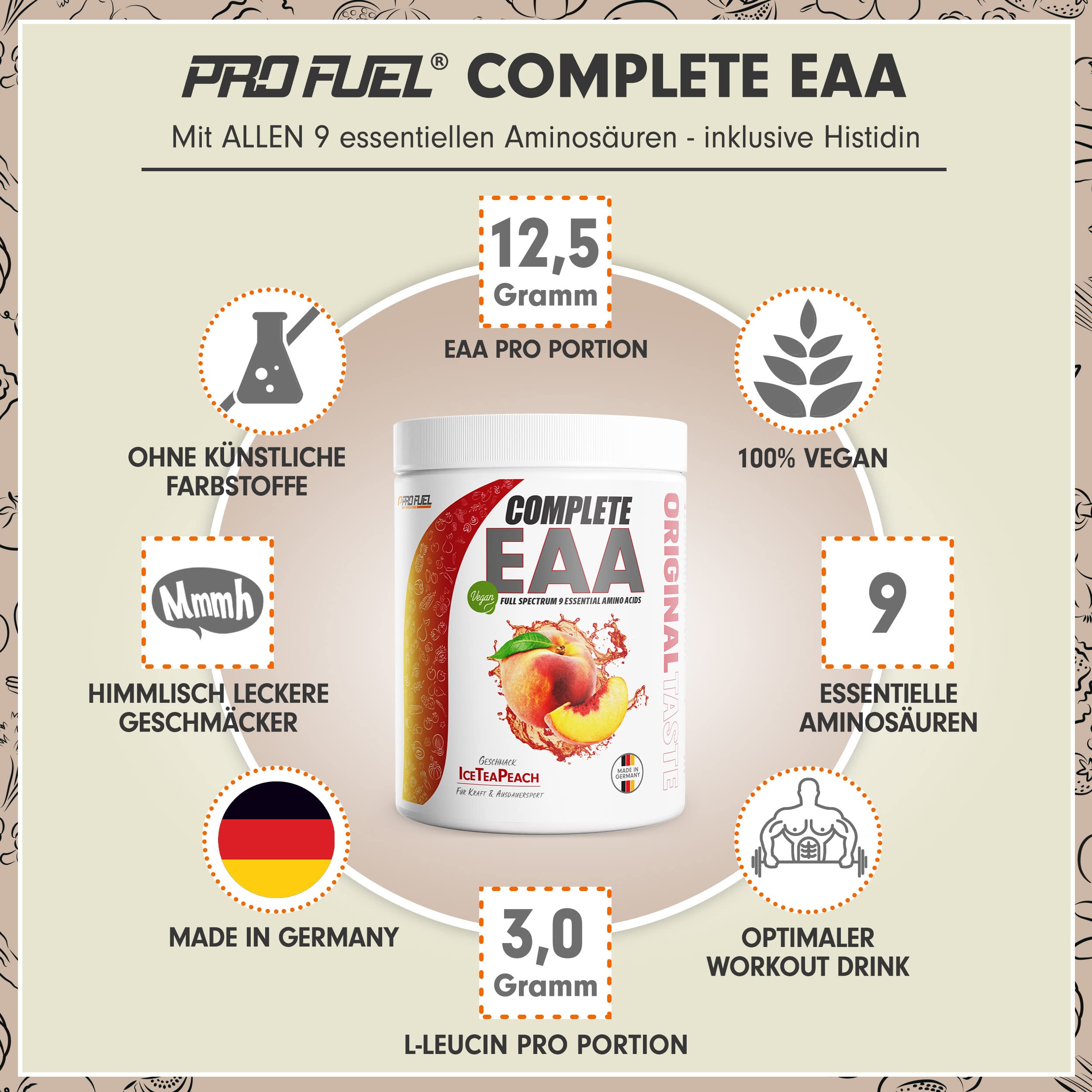 EAA Pulver 2x500g ICE TEA PEACH - 12.500mg essentielle Aminosäuren, unglaublich lecker & erfrischend - COMPLETE EAA mit allen 9 EAAs inkl. Histidin - EAA vegan Aminosäuren Pulver - Amino Drink