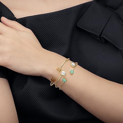 Miniatura 3 de Lauren-Spencer Brazalete abierto para mujer, chapado en oro plateado, con piedras preciosas turquesa, cuarzo rosa, ajustable, apilable, regalo