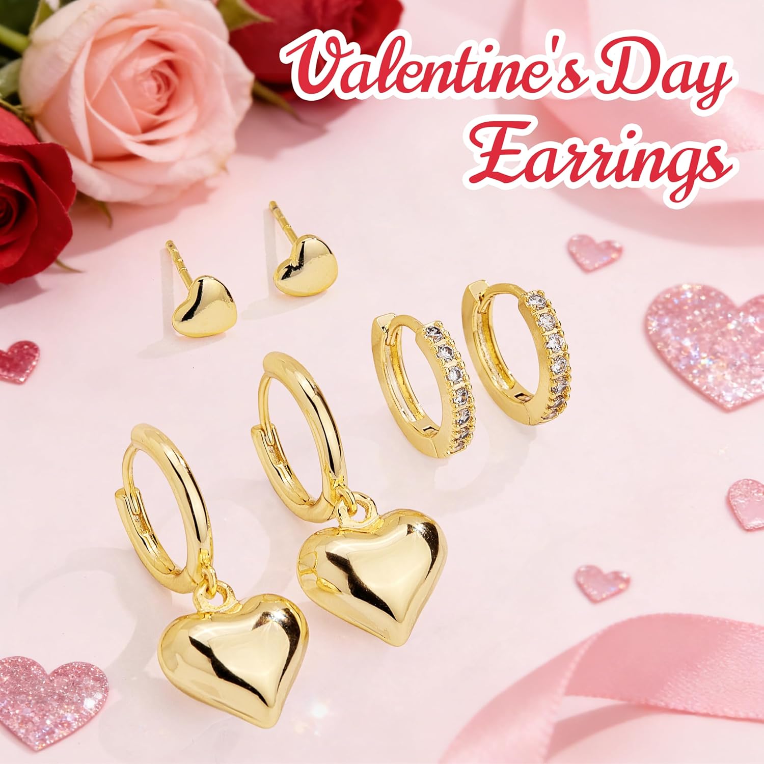 Valentine’s Day Heart Dangle Earrings 3 Pairs Set for Women, Gold Dainty Love Heart Seashell Starfish Cross Stud Hoop Earrings for Multiple Piercing Cartilage, 14K Plated Womens Valentine's Jewelry Gifts - Image 4
