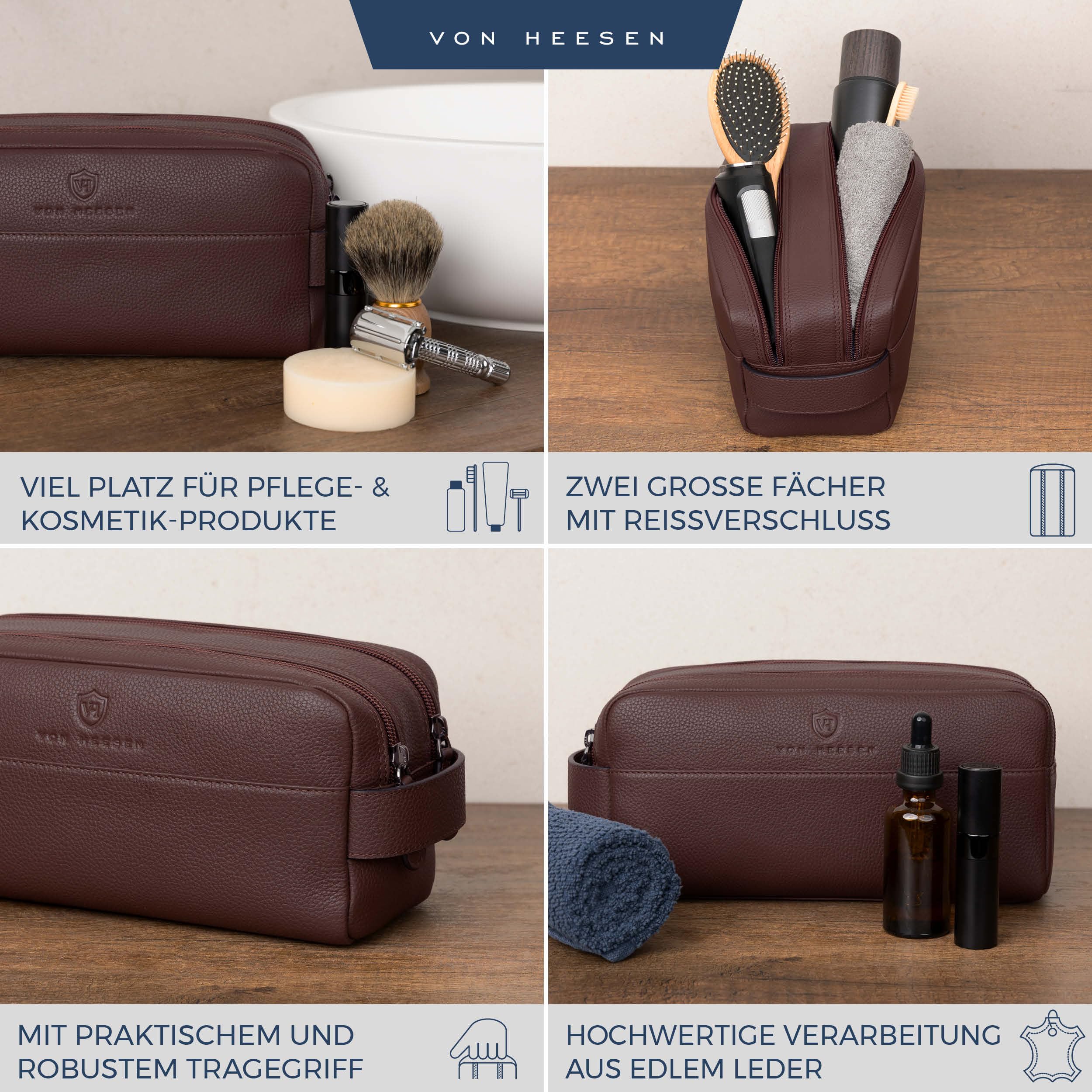VON HEESEN Kulturbeutel Leder Kulturtasche für Herren & Damen - Echtleder Necessaire ideal zum Reisen - Waschtasche und Kosmetiktasche mit Zwei Hauptfächern braun, groß