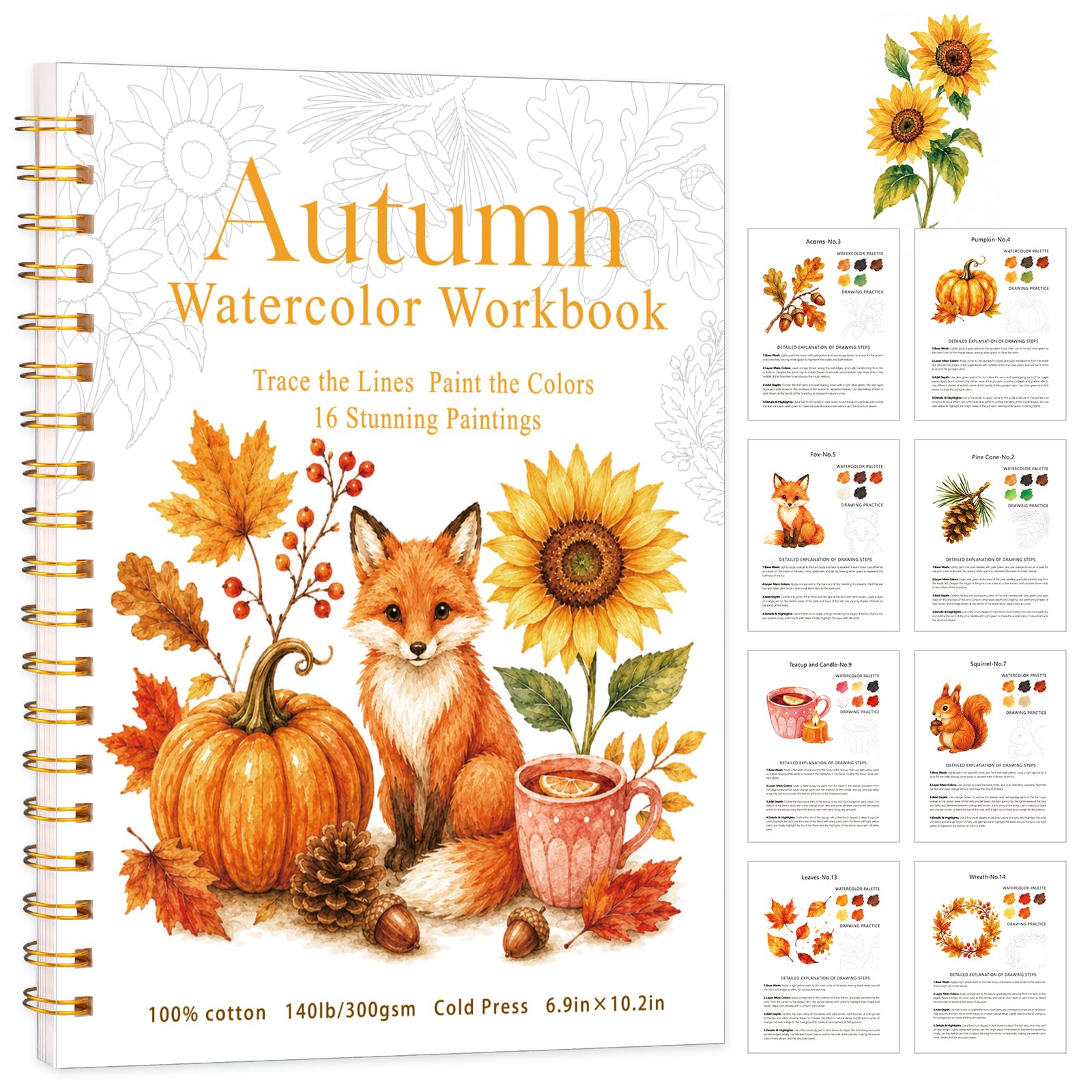 Autumn Watercolor Workbook for Beginners, 300 GSM Fall Water Coloring Book