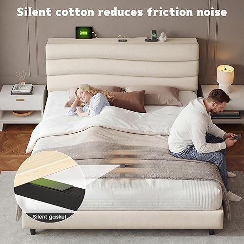 Miniatura 8 de EnHomee Base de cama tamaño Queen, base de cama Queen tapizada con estaciones de carga, cabecera de almacenamiento ajustable, dormitorio,