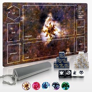 24"x14" MTG Playmat with Storage Tube & 16-Piece Dice Set - Non-Slip Rubber TCG Card Game Mat, Stitched Edges Tabletop Gaming Mat (White, Basic Lands Series)