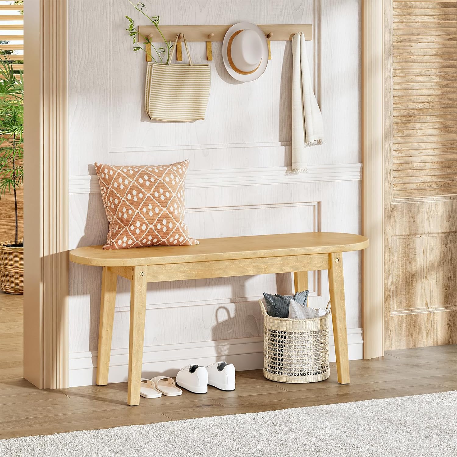 HOOBRO 39.4'' Dining Bench, Farmhouse Kitchen Table Bench, Bamboo Entryway Bench, Sturdy Dining Room Bench, Easy to Assemble, Wooden Bench for Living Room, Hallway, Bedroom, Bathroom, Natural YL19CD01