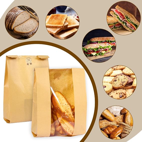 Moretoes Large Paper Bread Bags for Homemade Bread, 50Packs Sourdough Bread Bags with Window Includes Label Seal Stickers for Baked Food Packaging Storage (13.7x8.3x3.5 Inch), Brown