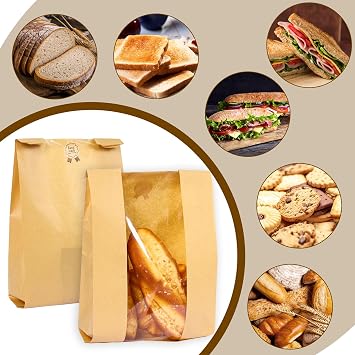 Moretoes Large Paper Bread Bags for Homemade Bread, 50Packs Sourdough Bread Bags with Window Includes Label Seal Stickers for Baked Food Packaging Storage (13.7x8.3x3.5 Inch), Brown